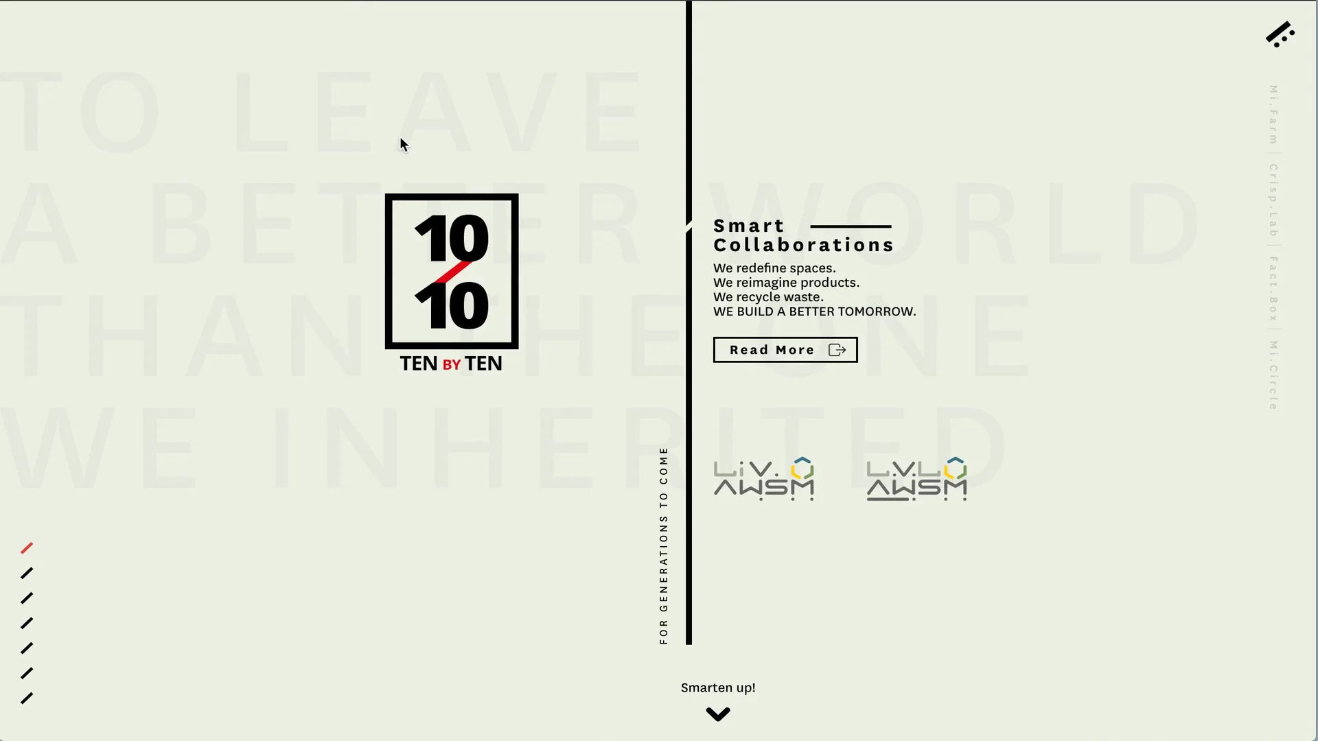 The Ten by Ten homepage: the 10/10 mark centred over the words To leave a better world than the one we inherited, ghosted across the full width in pale green, with Smart Collaborations alongside