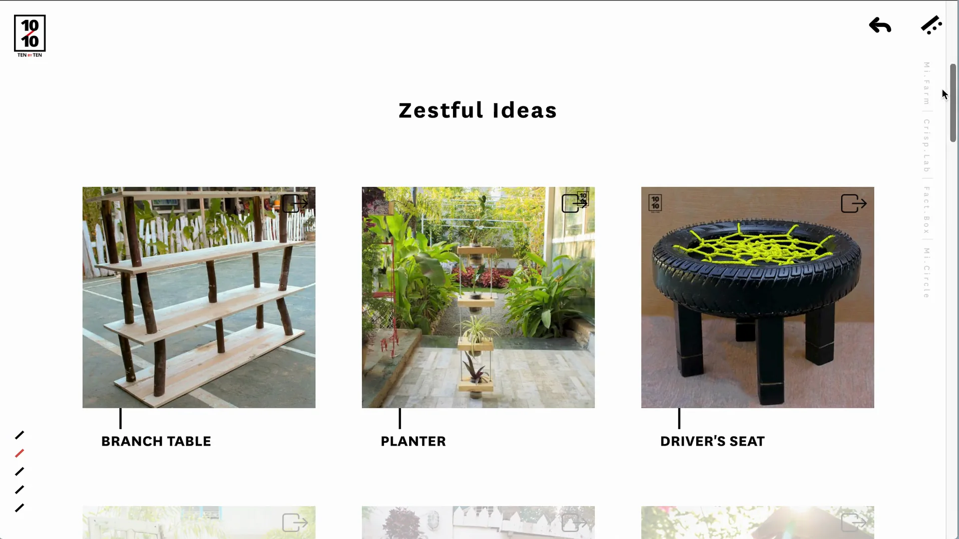 The Zestful Ideas section: three objects made from discarded material, a shelf on branch legs, a planter, and a tyre turned into a seat with yellow webbing