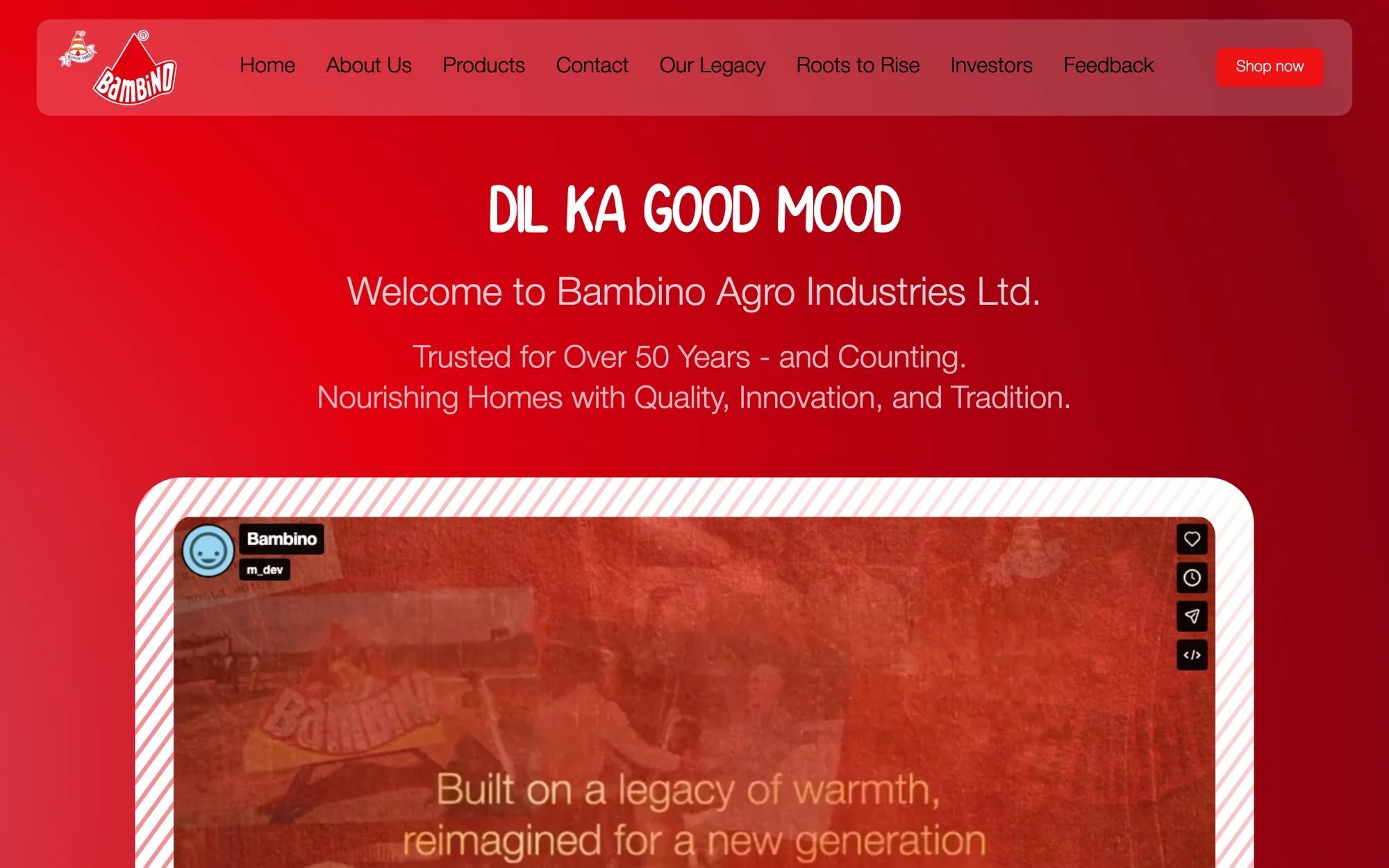 The Bambino homepage: Dil Ka Good Mood, welcome to Bambino Agro Industries, trusted for over 50 years, above a framed brand film