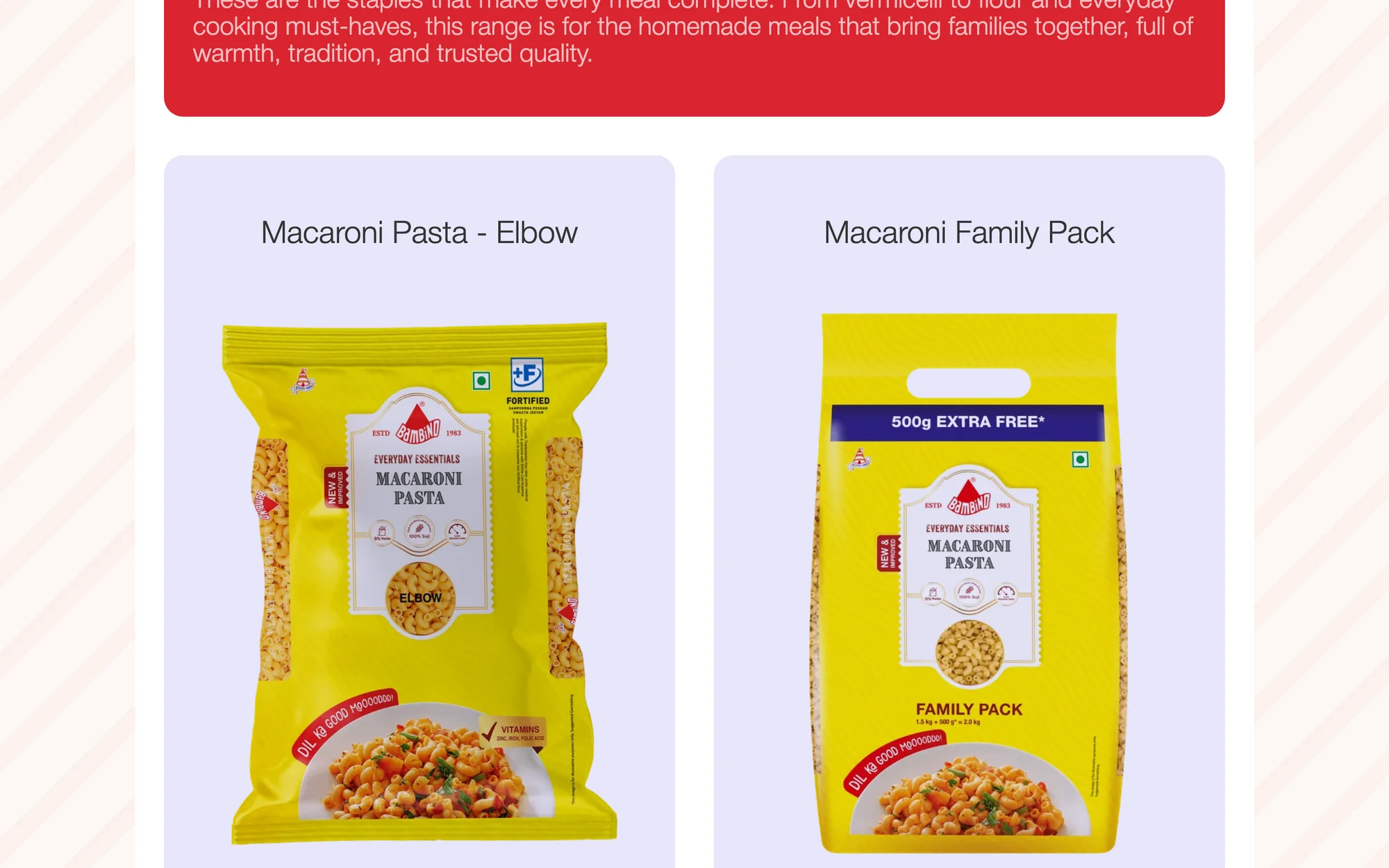 The Everyday Essentials product range: macaroni pasta packs in individual product cards