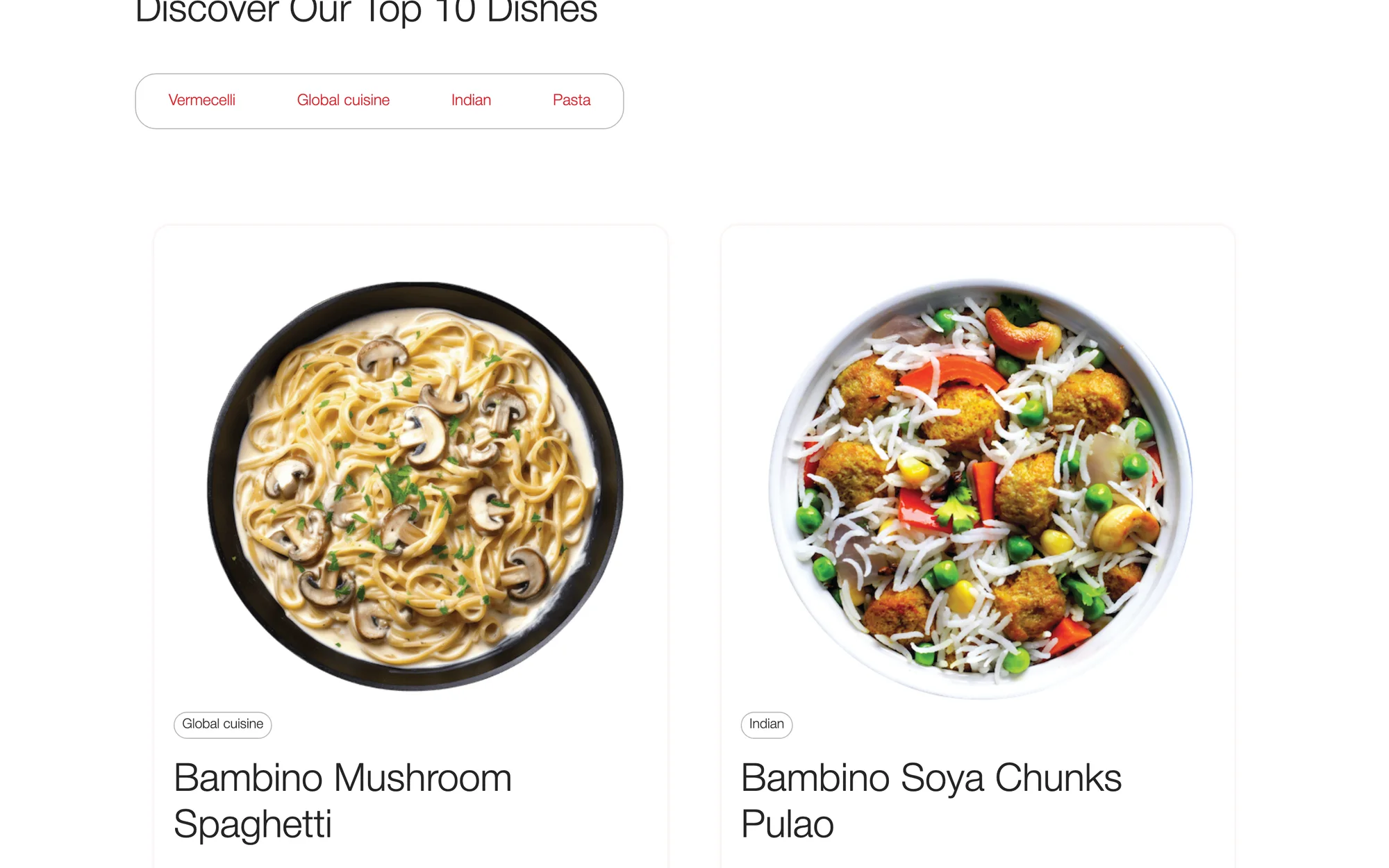 The Recipes page: top-rated dishes with filters and cards for mushroom spaghetti and soya chunks pulao