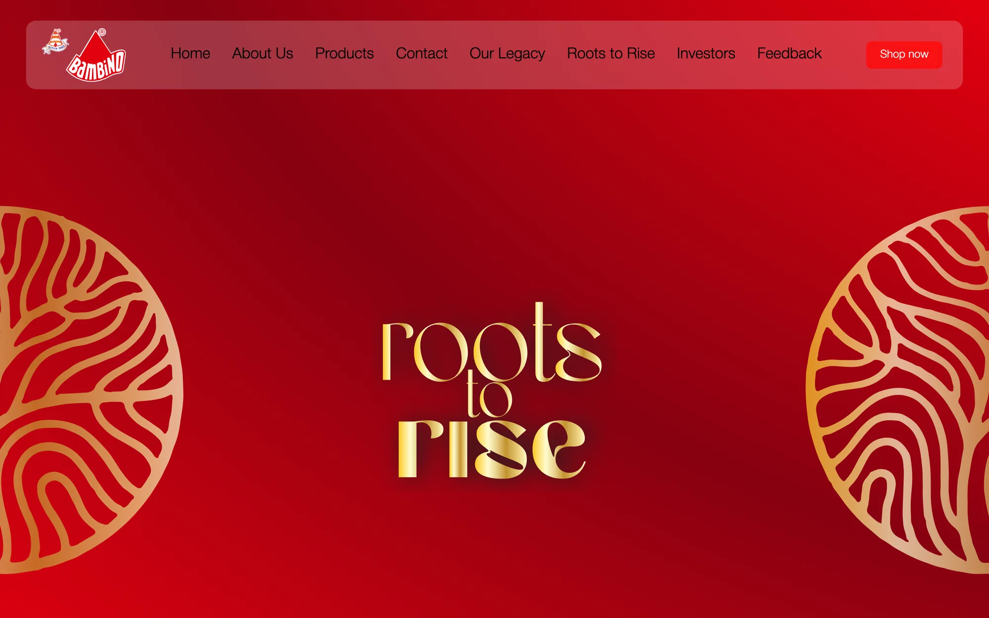 The Roots to Rise page: gold typography and pasta-swirl illustrations on red