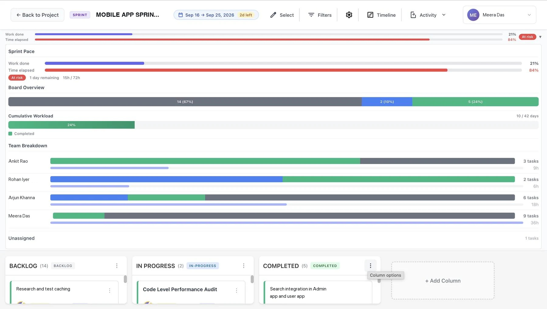A Domnr sprint overview: work done at 21 percent against 84 percent of the time elapsed with an at risk badge, and a team breakdown showing each person's task count and hours