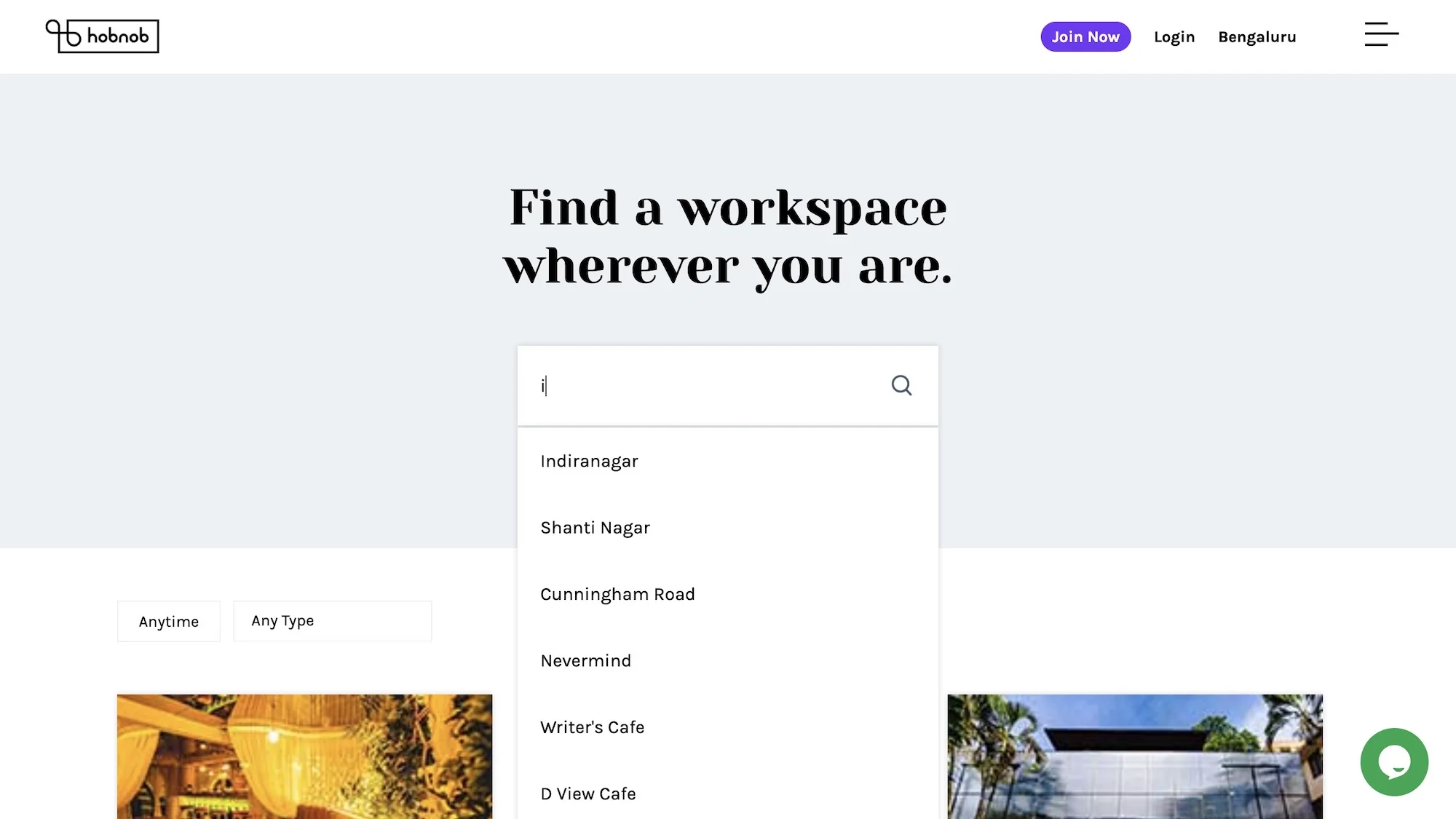 Find a workspace wherever you are: search suggestions for Indiranagar, Shanti Nagar, Cunningham Road and nearby cafés
