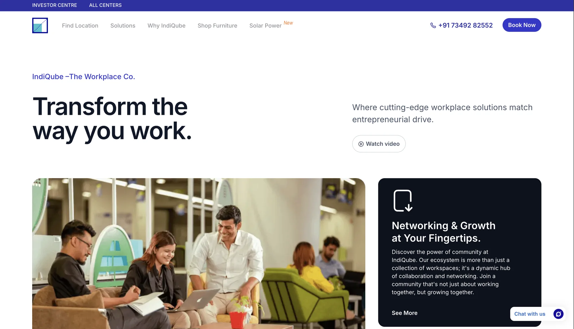 The IndiQube homepage: the headline Transform the way you work, above a photo of colleagues working together in a lounge