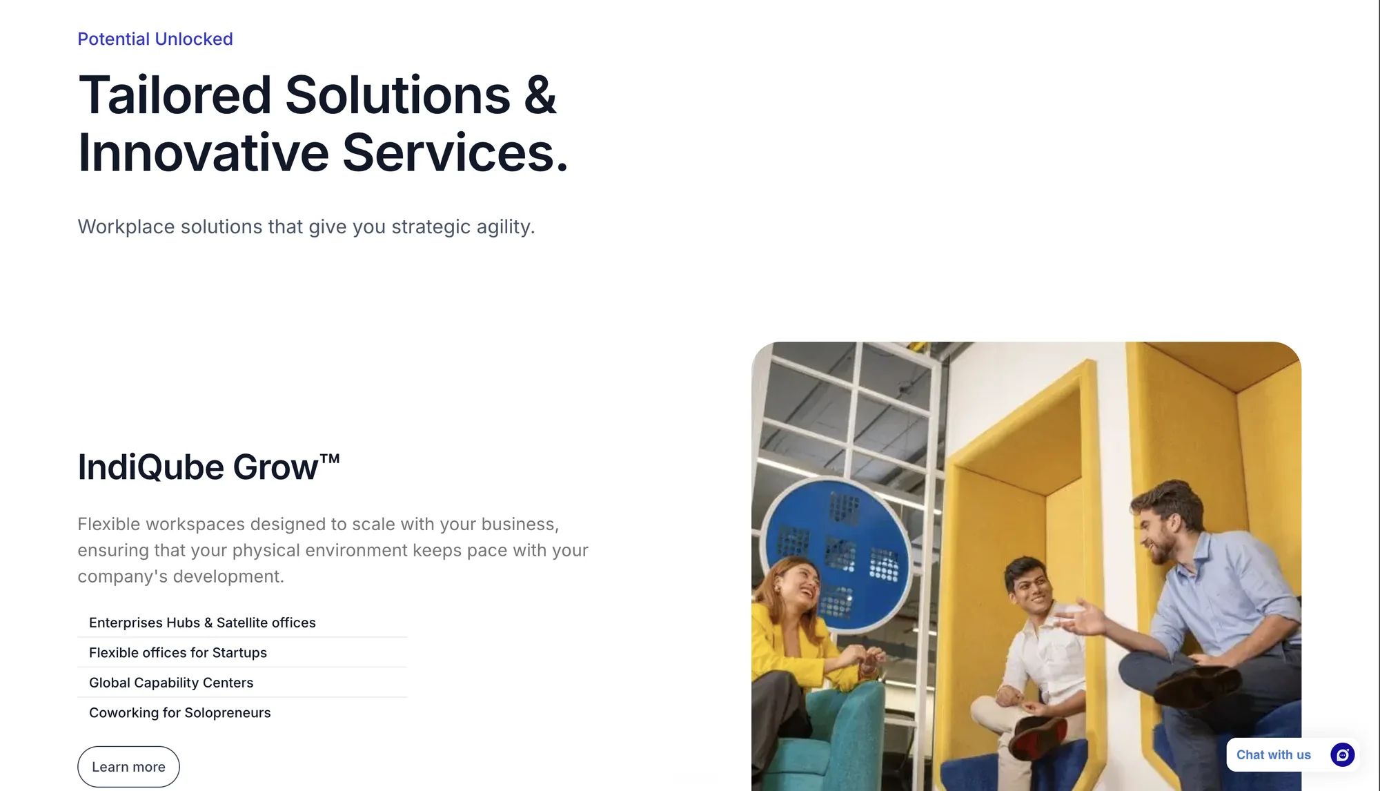 The IndiQube Grow section: flexible workspaces for enterprise hubs, startups, global capability centres and solopreneurs