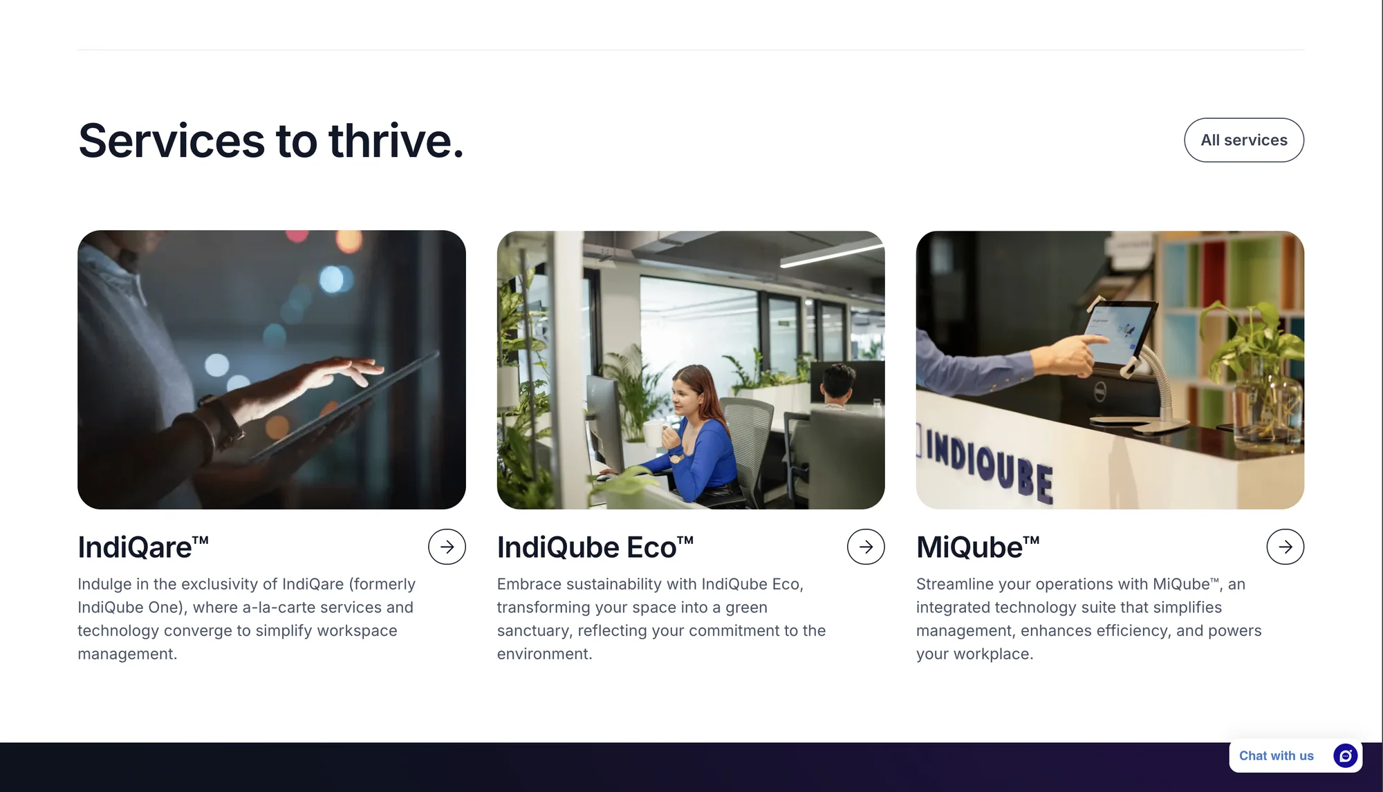 Services to thrive: IndiQare, IndiQube Eco and MiQube, each with a photo and short description