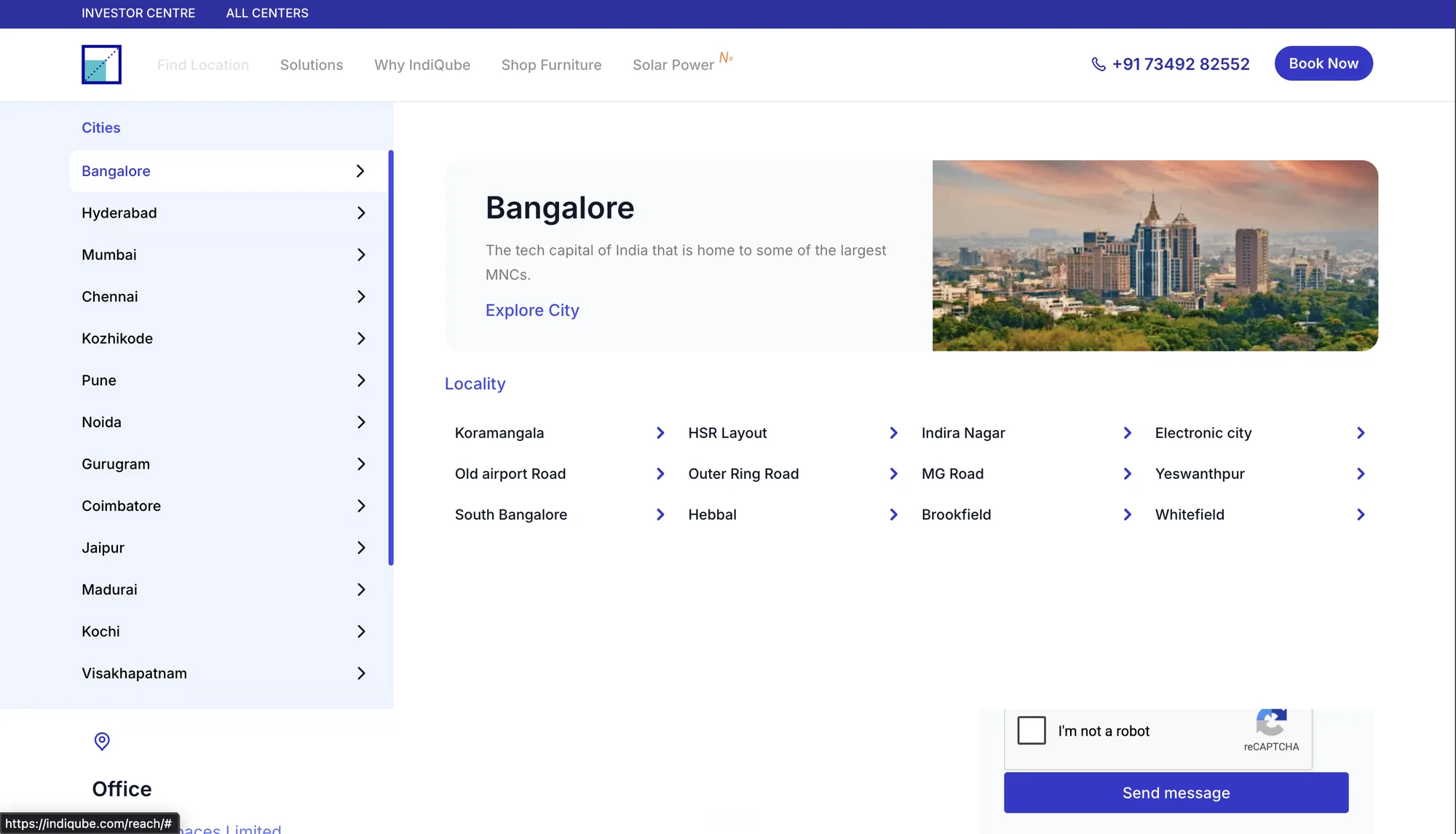 Location discovery: a list of cities on the left, and for Bangalore, its localities from Koramangala to Whitefield