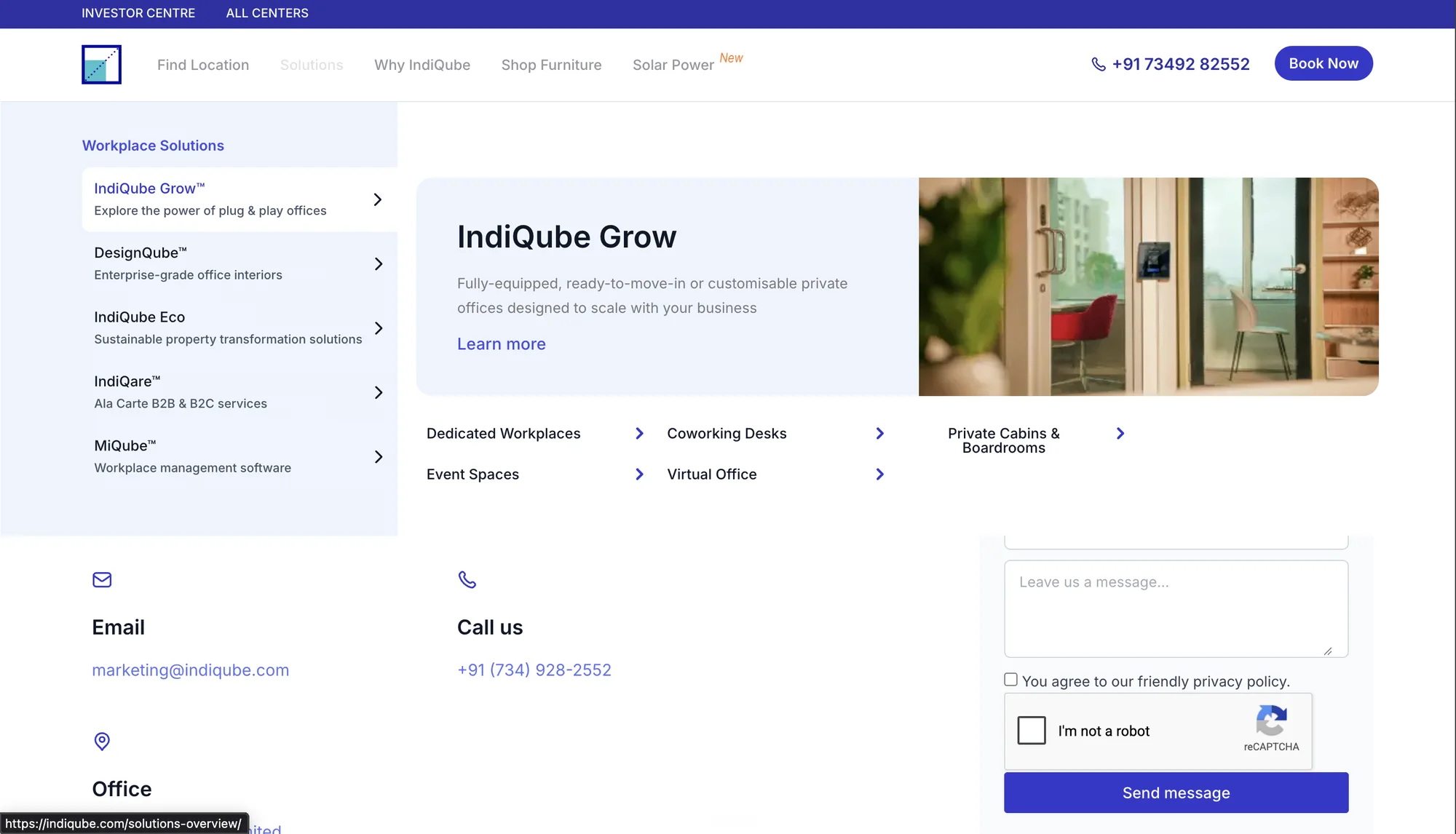 The Solutions menu: IndiQube Grow, DesignQube, IndiQube Eco, IndiQare and MiQube, with workspace types such as coworking desks and virtual offices
