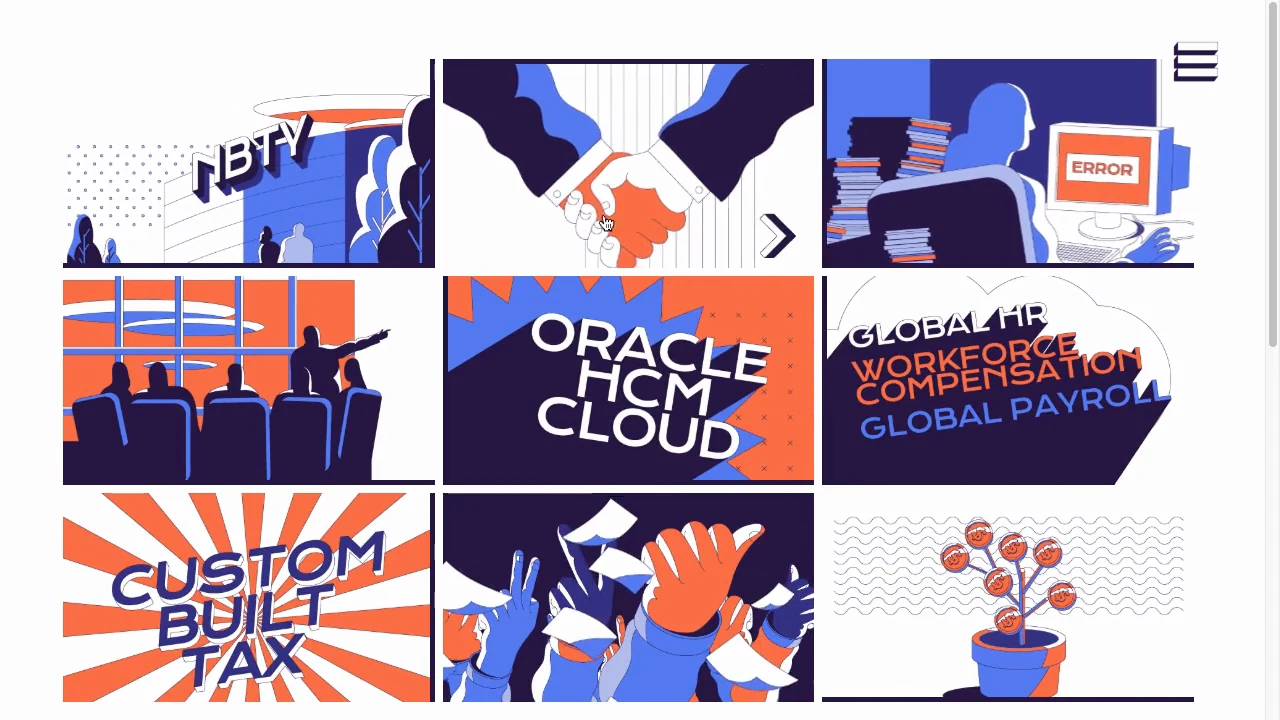 The HCM Cloud story as a grid of comic panels: NBTY, Oracle HCM Cloud, global HR and workforce compensation, global payroll and a custom built tax module