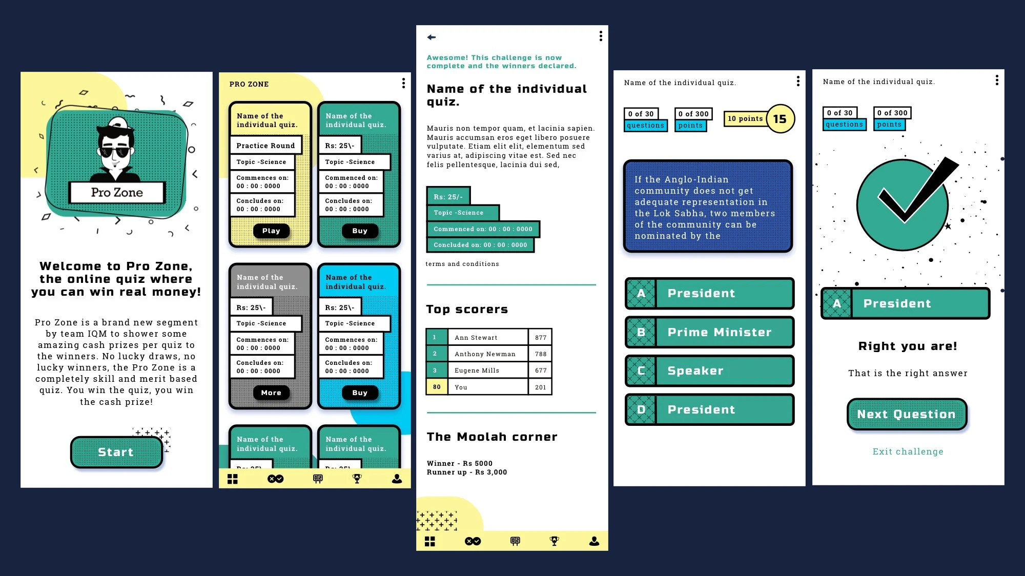 Five screens from the IQM Pro Zone app: the welcome screen, quiz cards, a quiz with top scorers, a question with four answers and a correct-answer screen