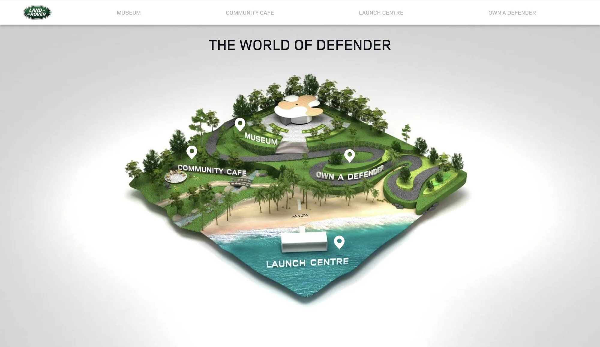 The World of Defender: an isometric island with the Museum, Community Cafe, Own a Defender track and Launch Centre