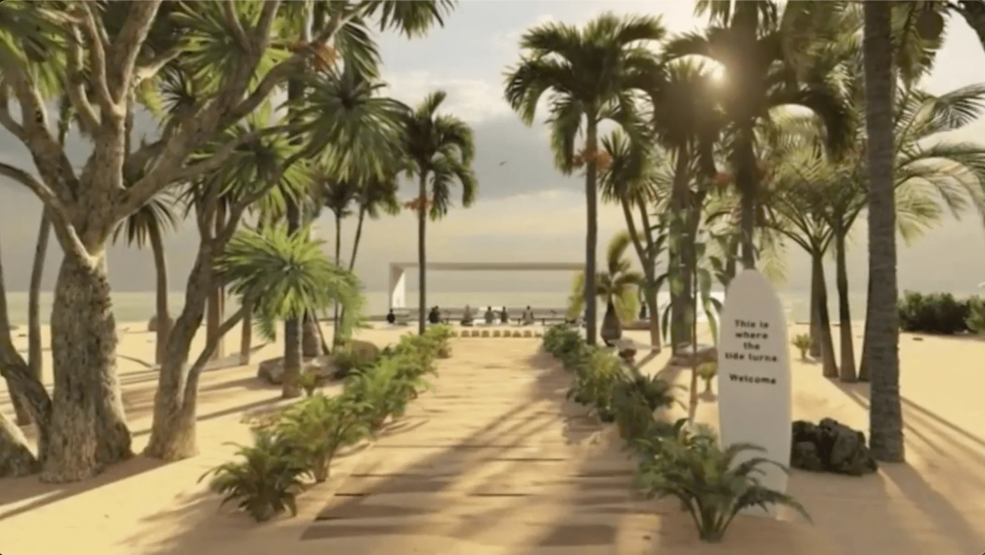 A palm-lined sand path leading to the launch, with a surfboard sign reading: This is where the tide turns. Welcome