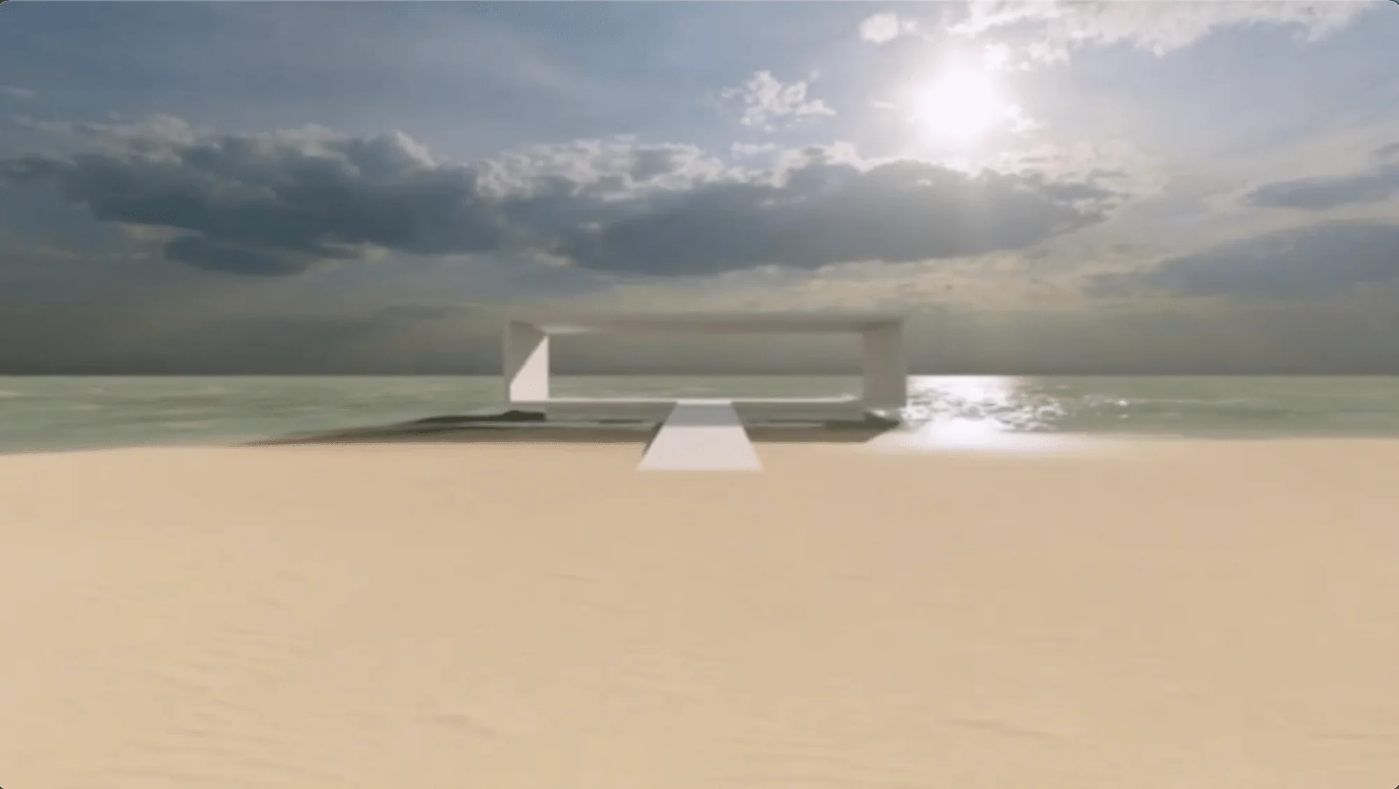 The launch pavilion, a minimal white frame standing in the sea at the end of the beach path