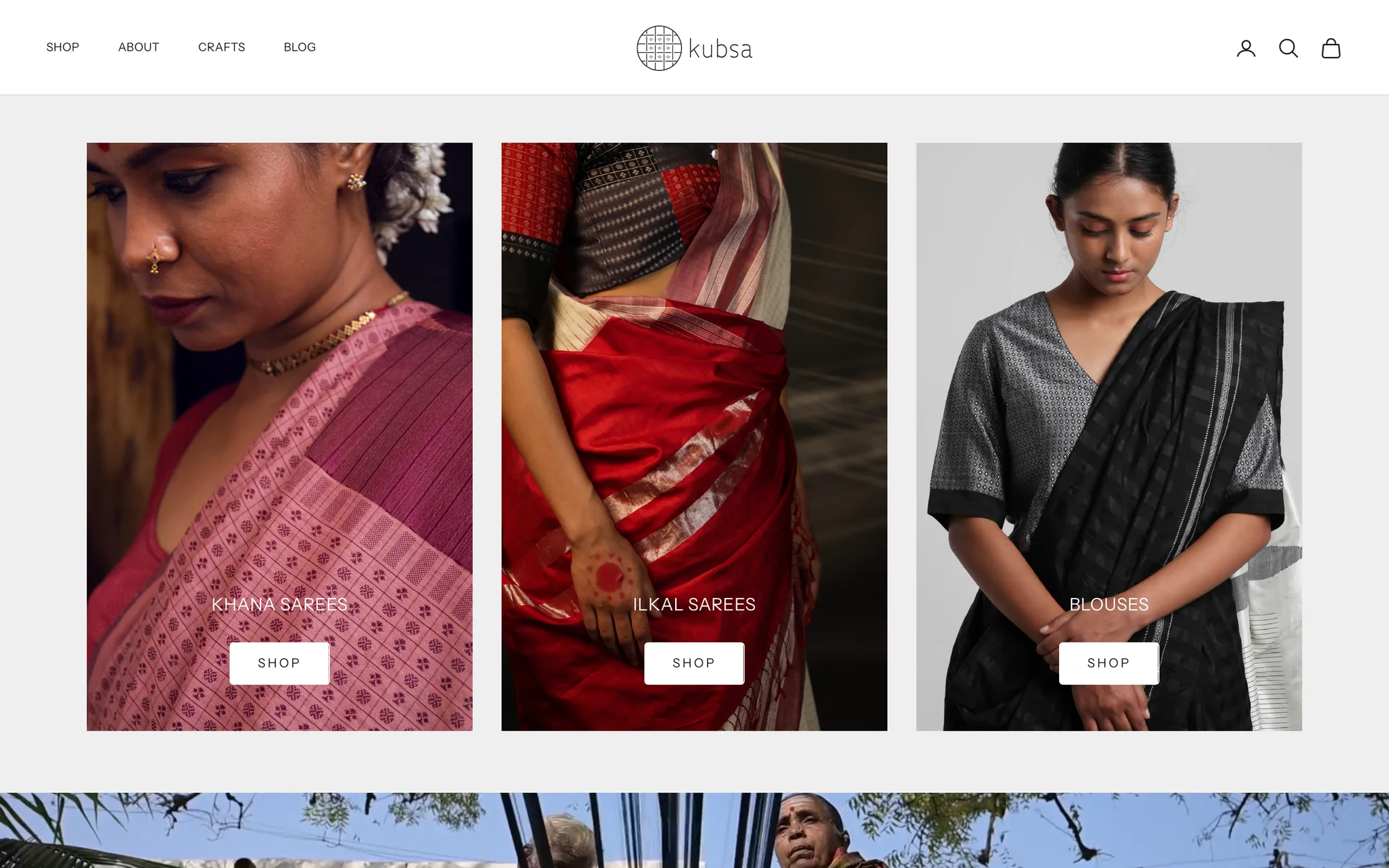 Category cards on the homepage: Khana Sarees, Ilkal Sarees and Blouses, each with a photograph and a Shop button