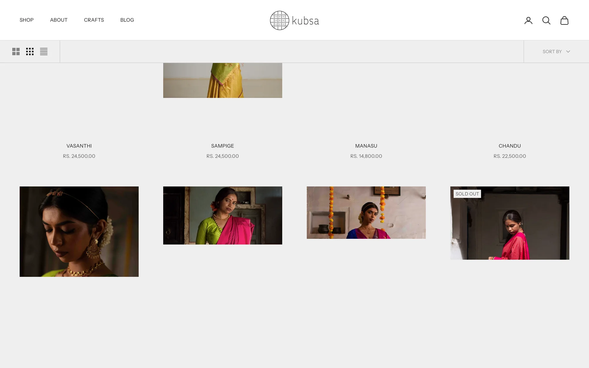 A collection page: a grid of sarees with names and prices, and a sort control