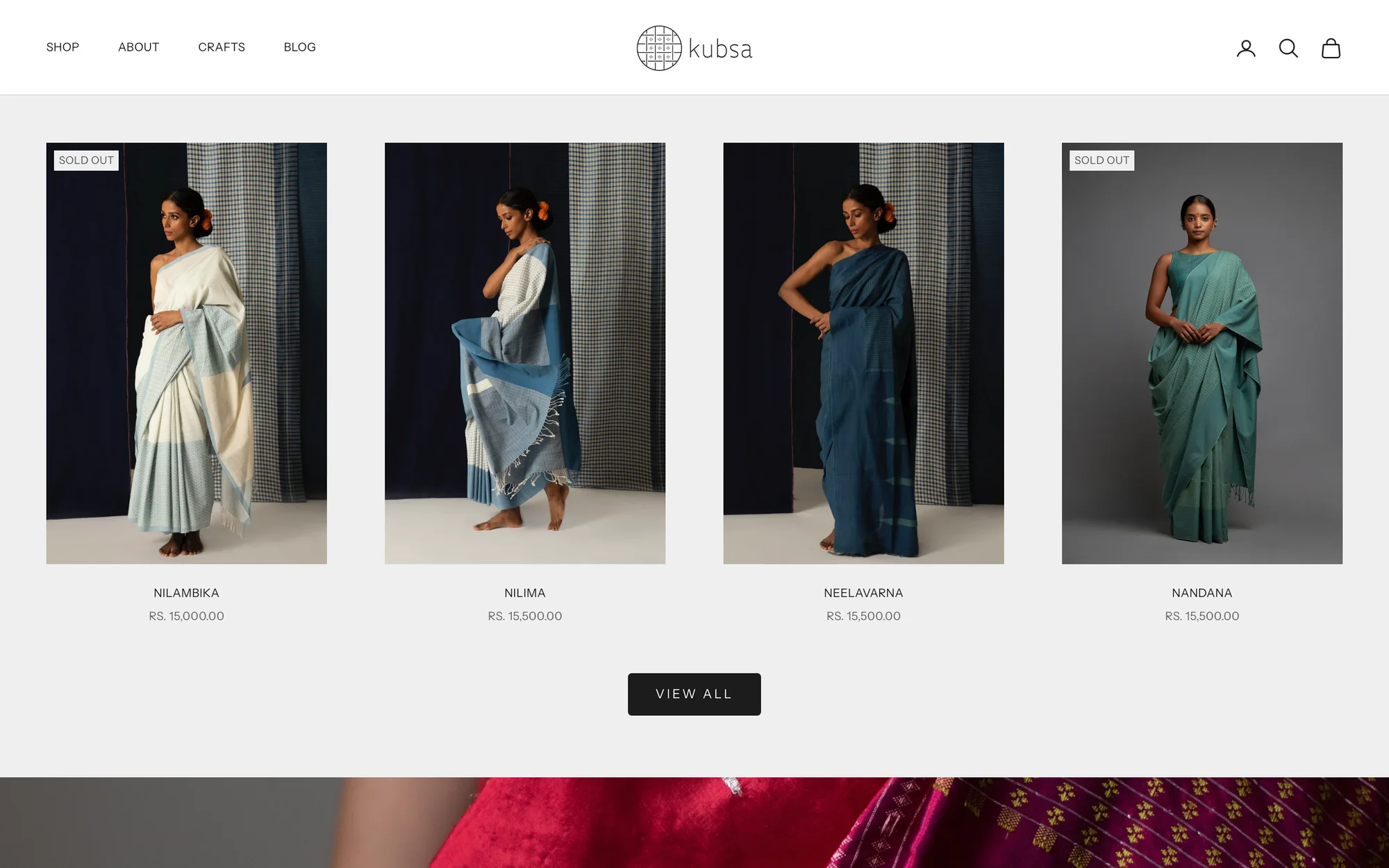 The featured collection on the homepage: four sarees with names, prices and a View all button