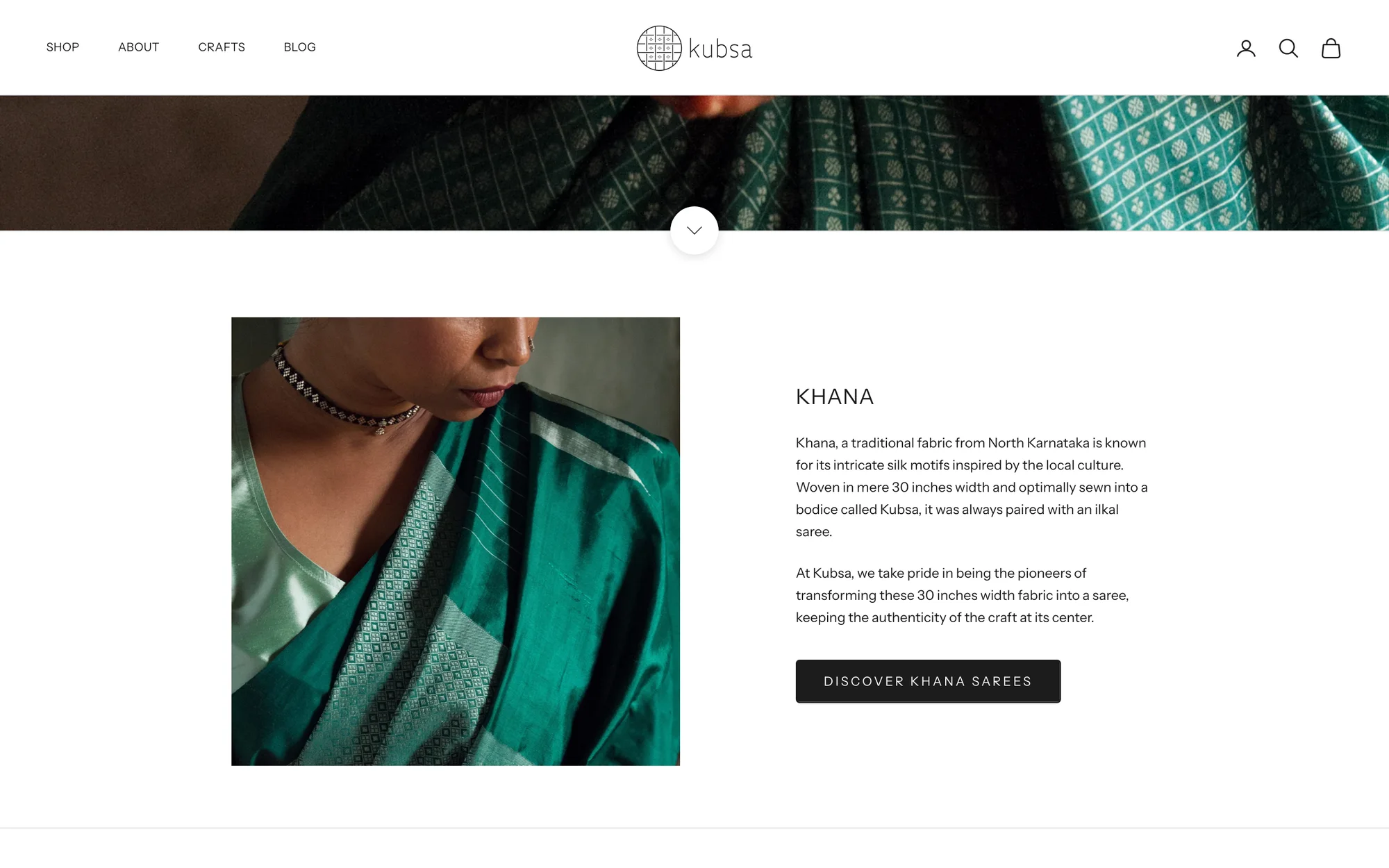 The Khana craft page: a woman in a green handwoven saree beside an explanation of the traditional fabric from North Karnataka