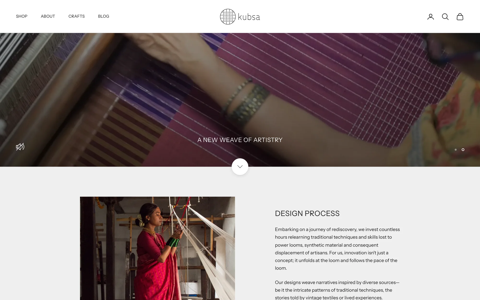 The design process page: a close-up of a loom, and a weaver at work