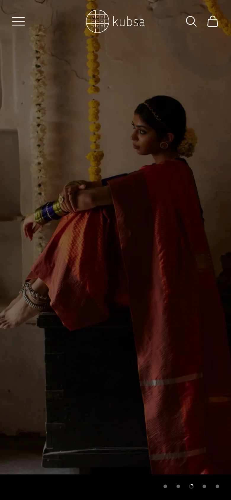 The Kubsa homepage on a phone: a full-bleed saree photograph with the collection name