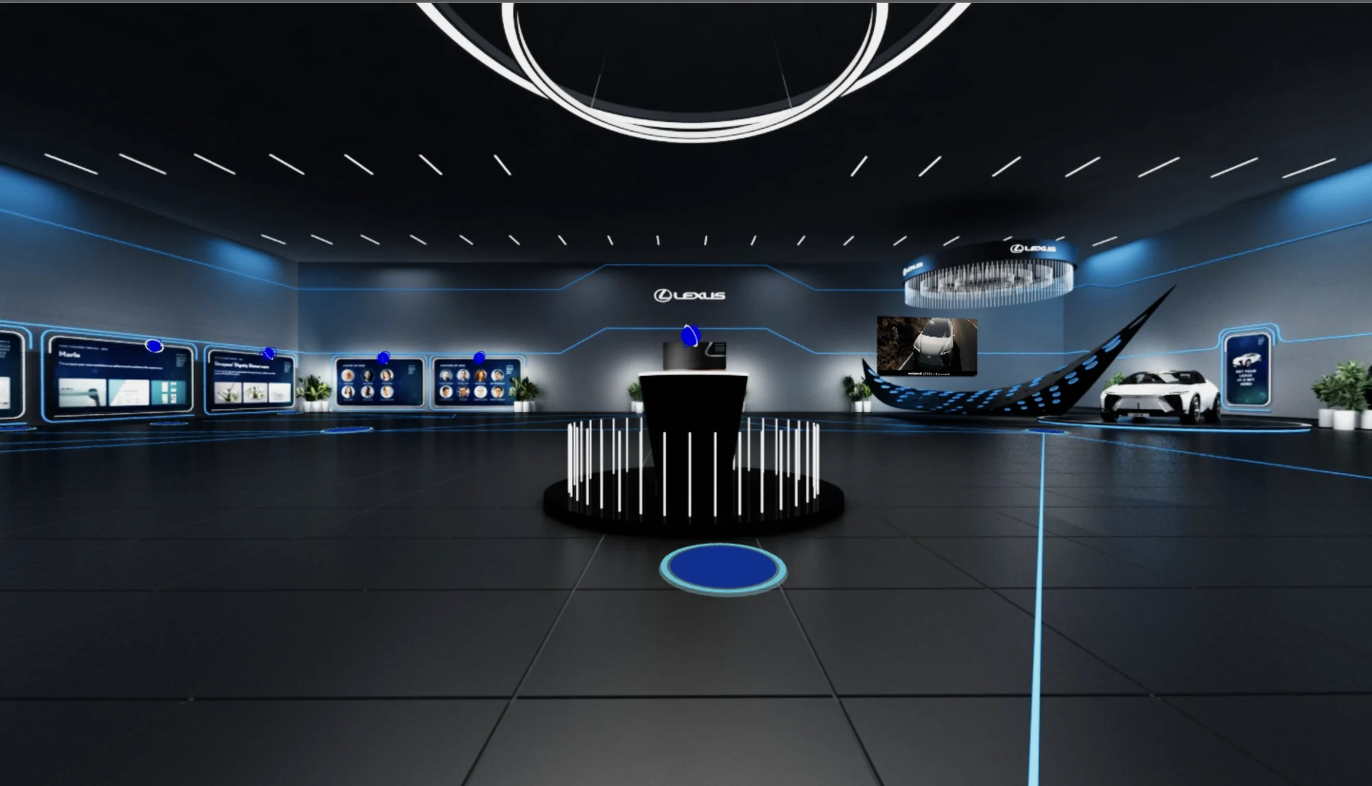 The Lexus Design Awards exhibition hall in 3D: a dark blue-lit space with nominee screens along the walls, a central display and the concept car at the far end