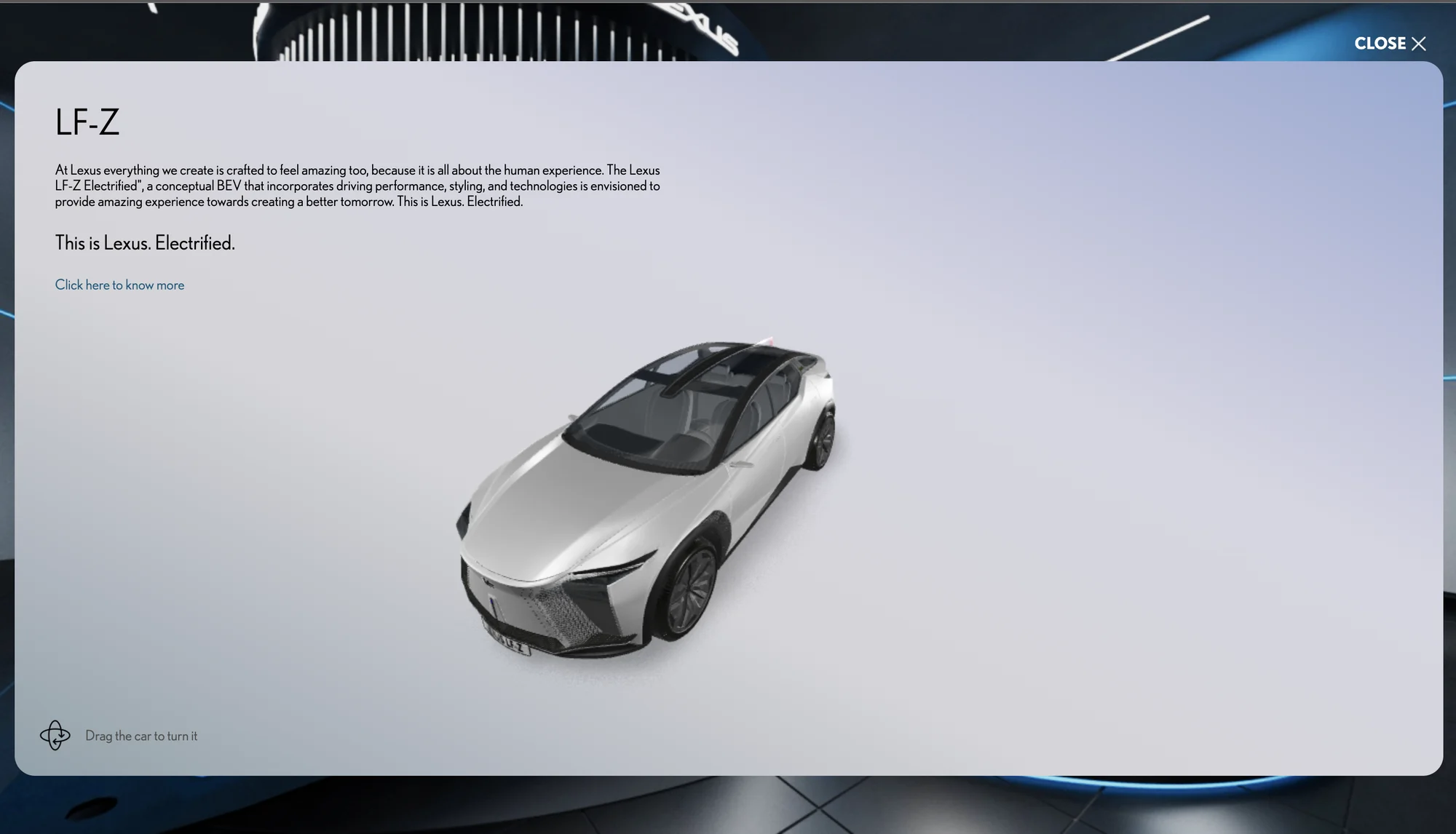The LF-Z panel: the concept car on a light background with a description, and a prompt to drag the car to turn it