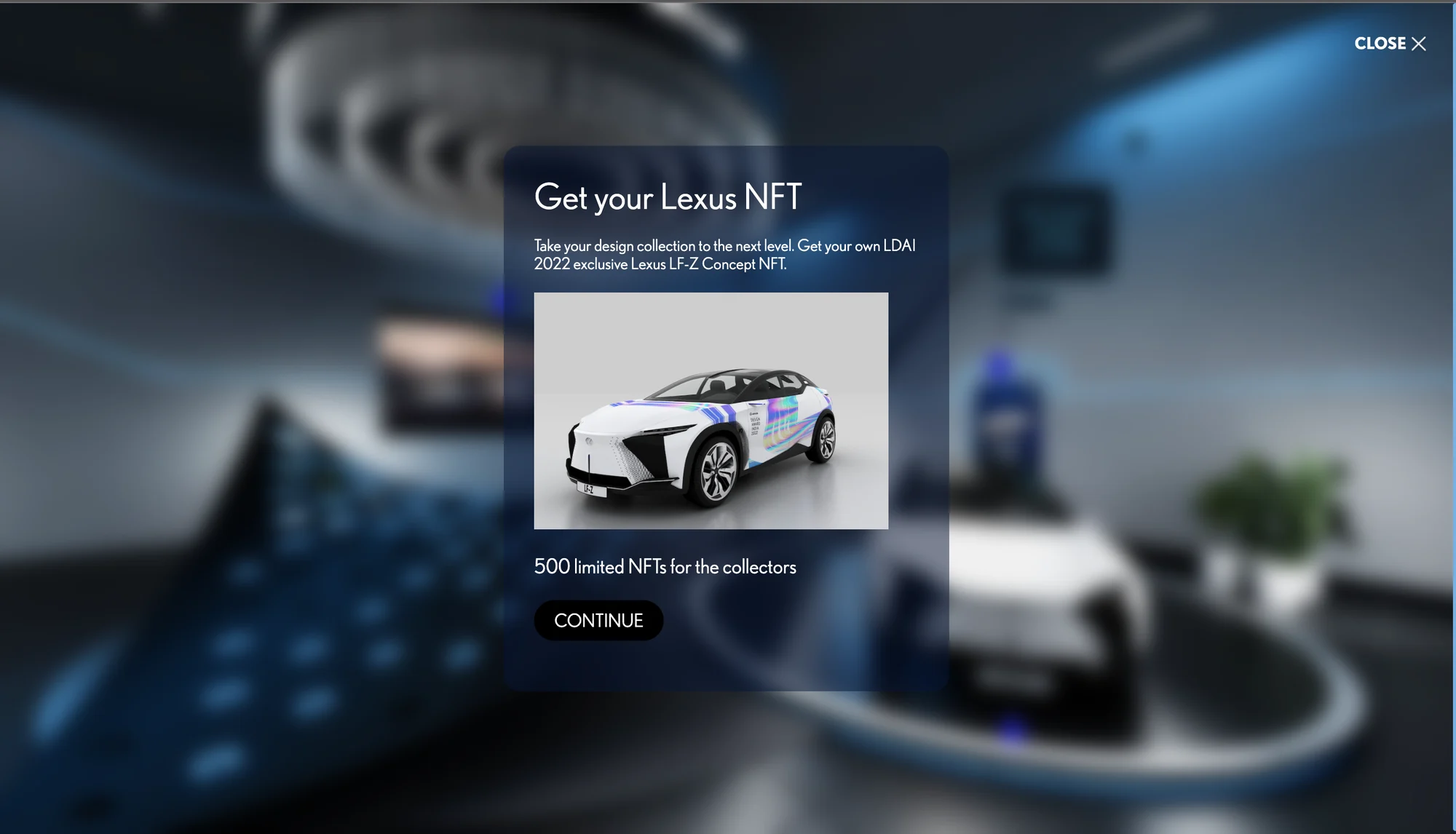 The Get your Lexus NFT panel: the LF-Z in collector livery, with 500 limited NFTs for the collectors