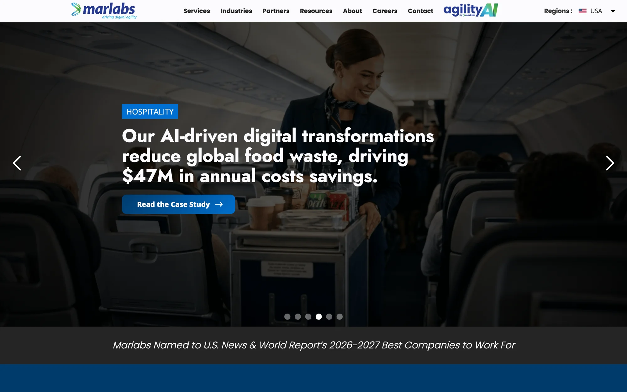The Marlabs homepage: a full-width case-study carousel headlined by an AI-driven transformation story, under the site navigation
