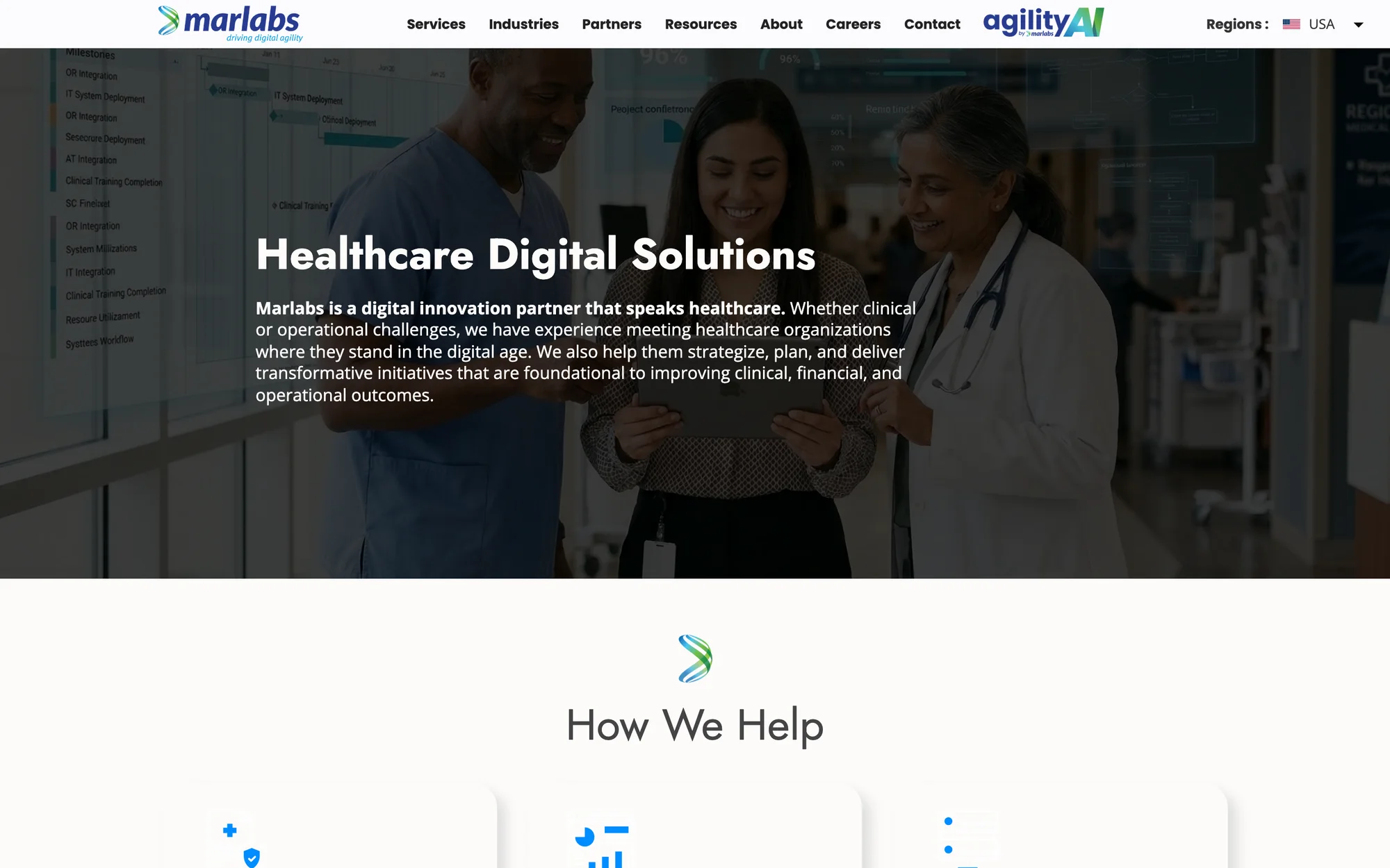 The Healthcare Digital Solutions industry page, with a hero image of a doctor and patient
