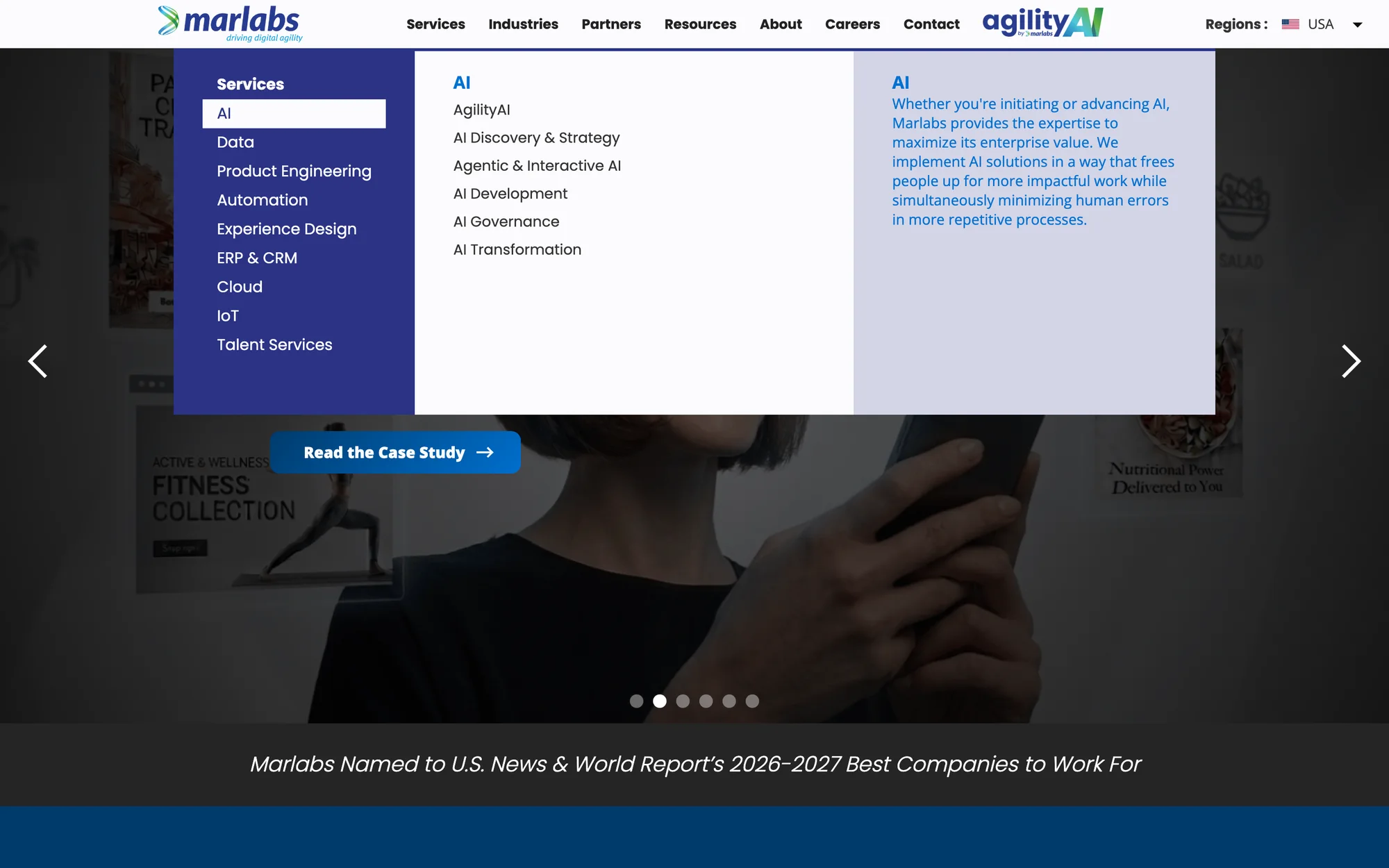 The Services mega menu: AI, Data, Product Engineering, Automation, Experience Design, ERP and CRM, Cloud, IoT and Talent Services, with AI sub-services listed
