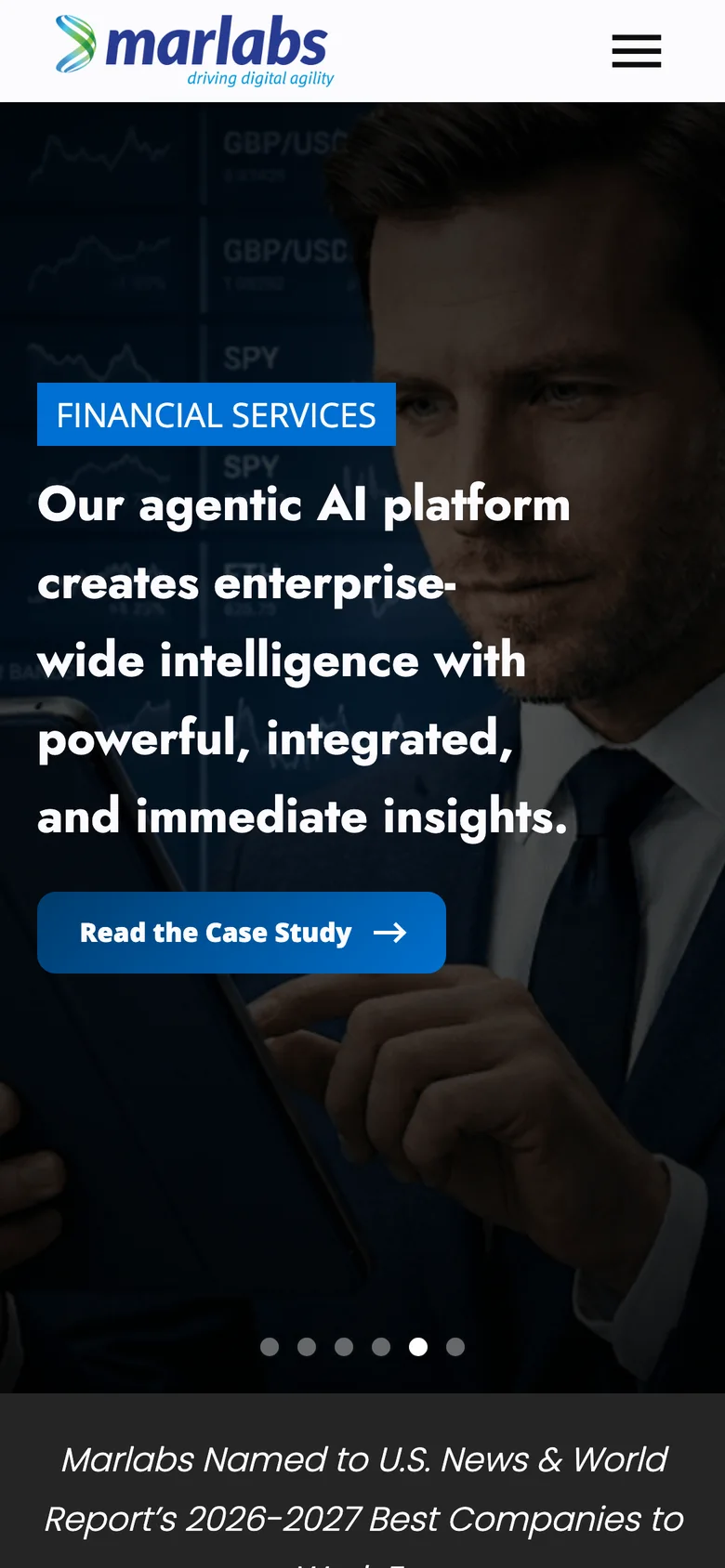 The Marlabs homepage on a phone: the case-study carousel in a single column