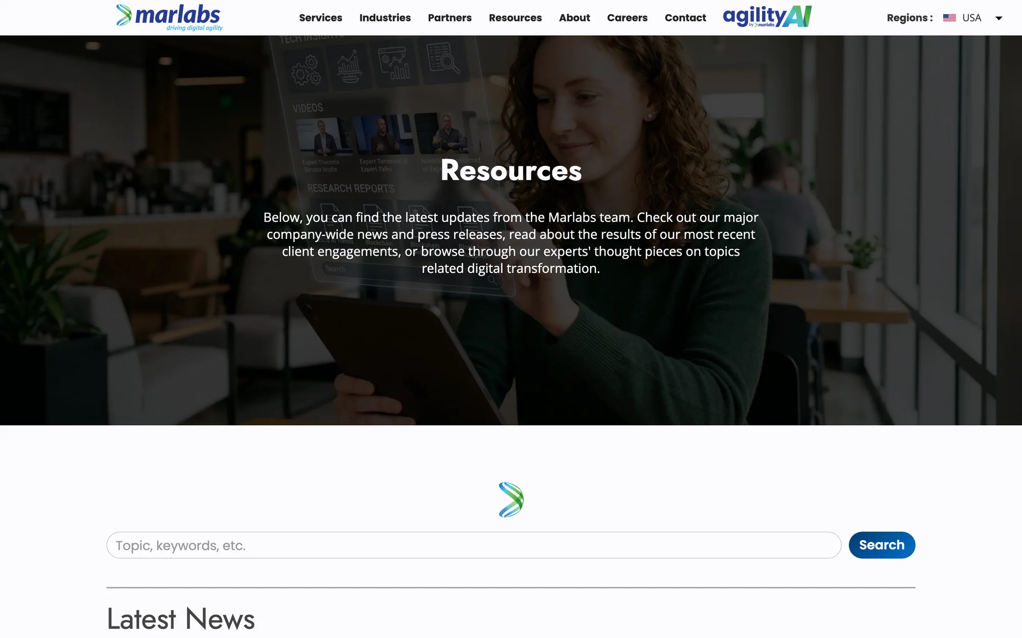 The Resources hub, with search across news, articles, case studies, whitepapers and videos