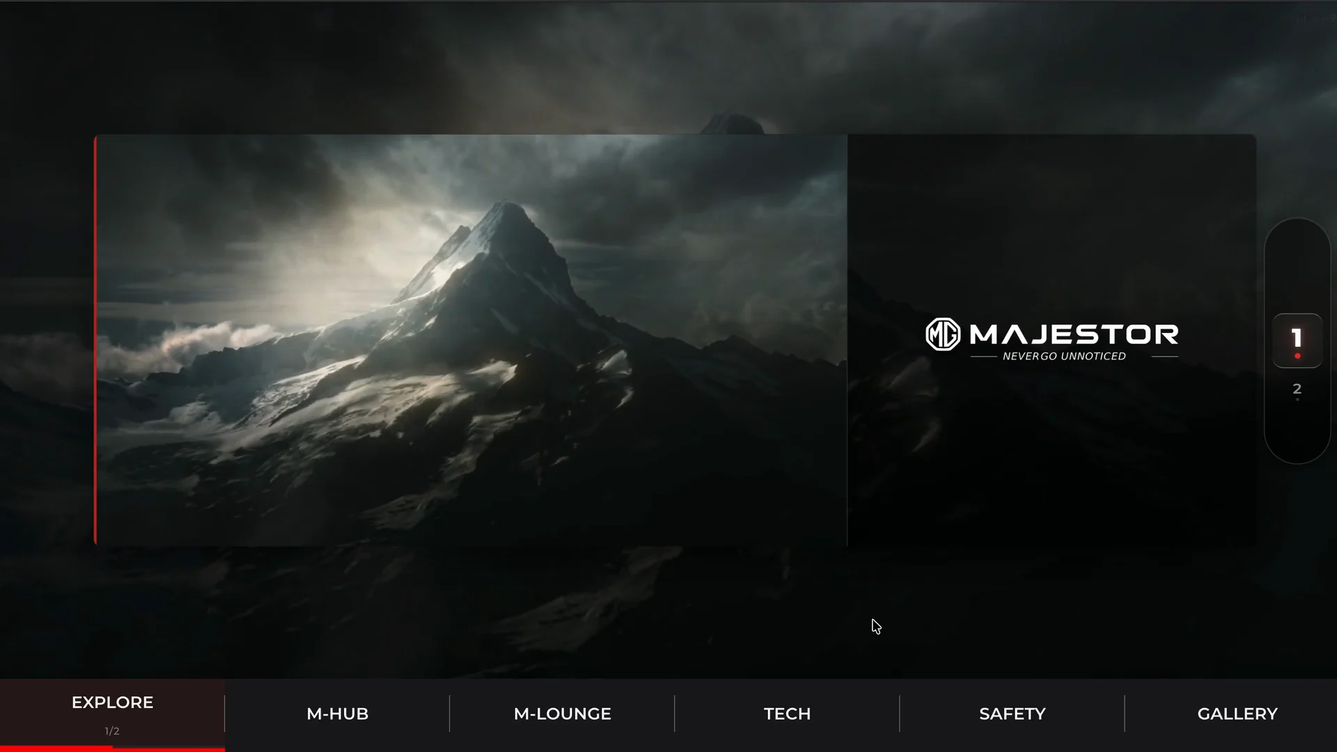 The MG Majestor kiosk opening screen: a storm-lit mountain beside the Majestor wordmark and the line Never Go Unnoticed