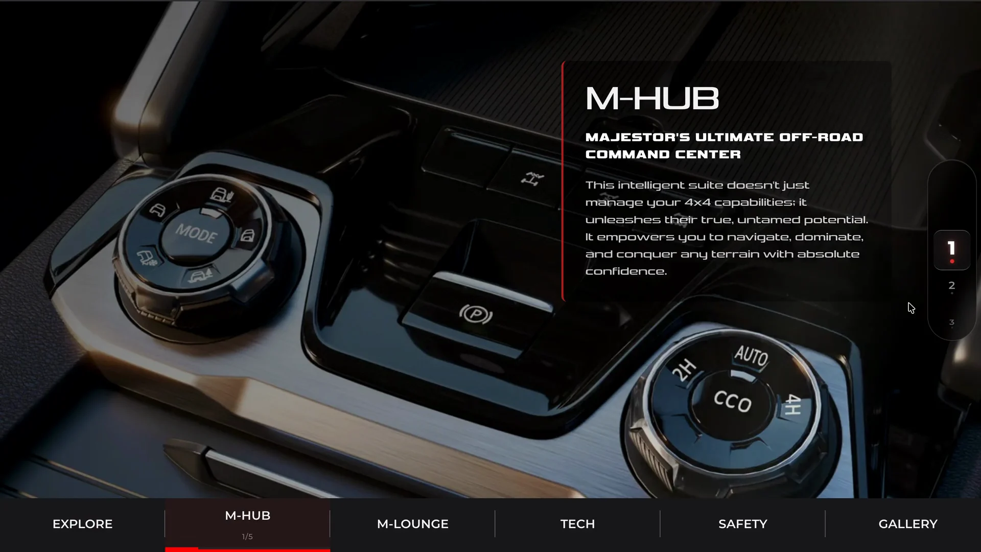 The M-Hub screen: the off-road command centre dial photographed in close-up with its description