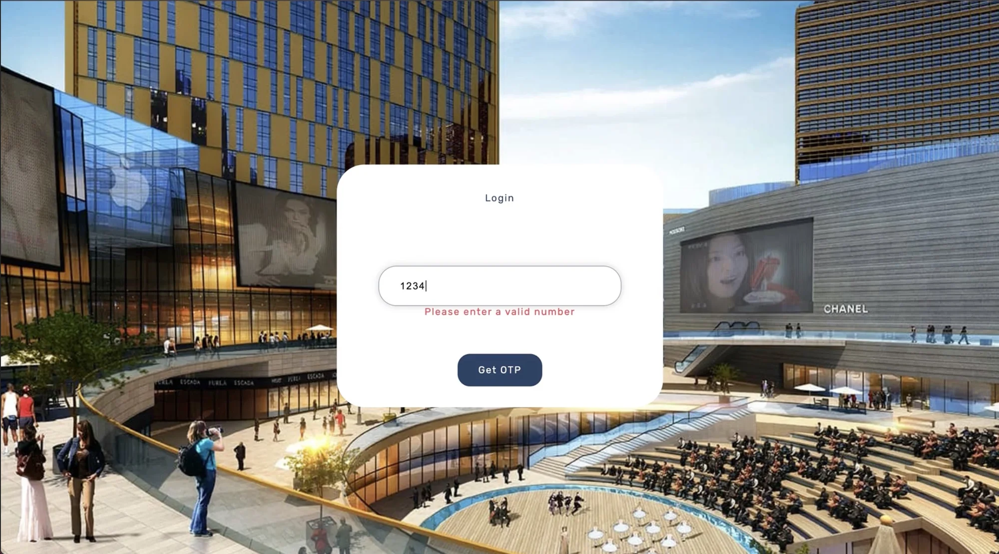Arriving at the Photon venue: a rendered conference centre with delegates outside, and a login panel asking for a number to receive a one-time password