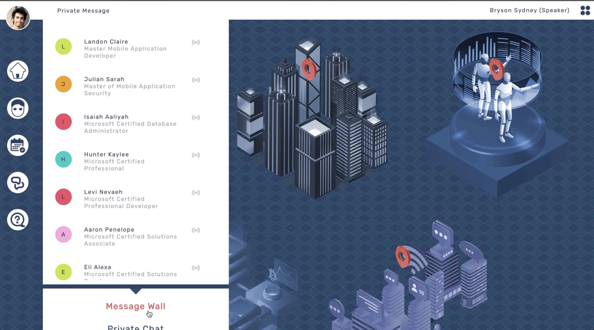 The attendee directory and message wall, with delegates listed by name and role, over an isometric map of the venue