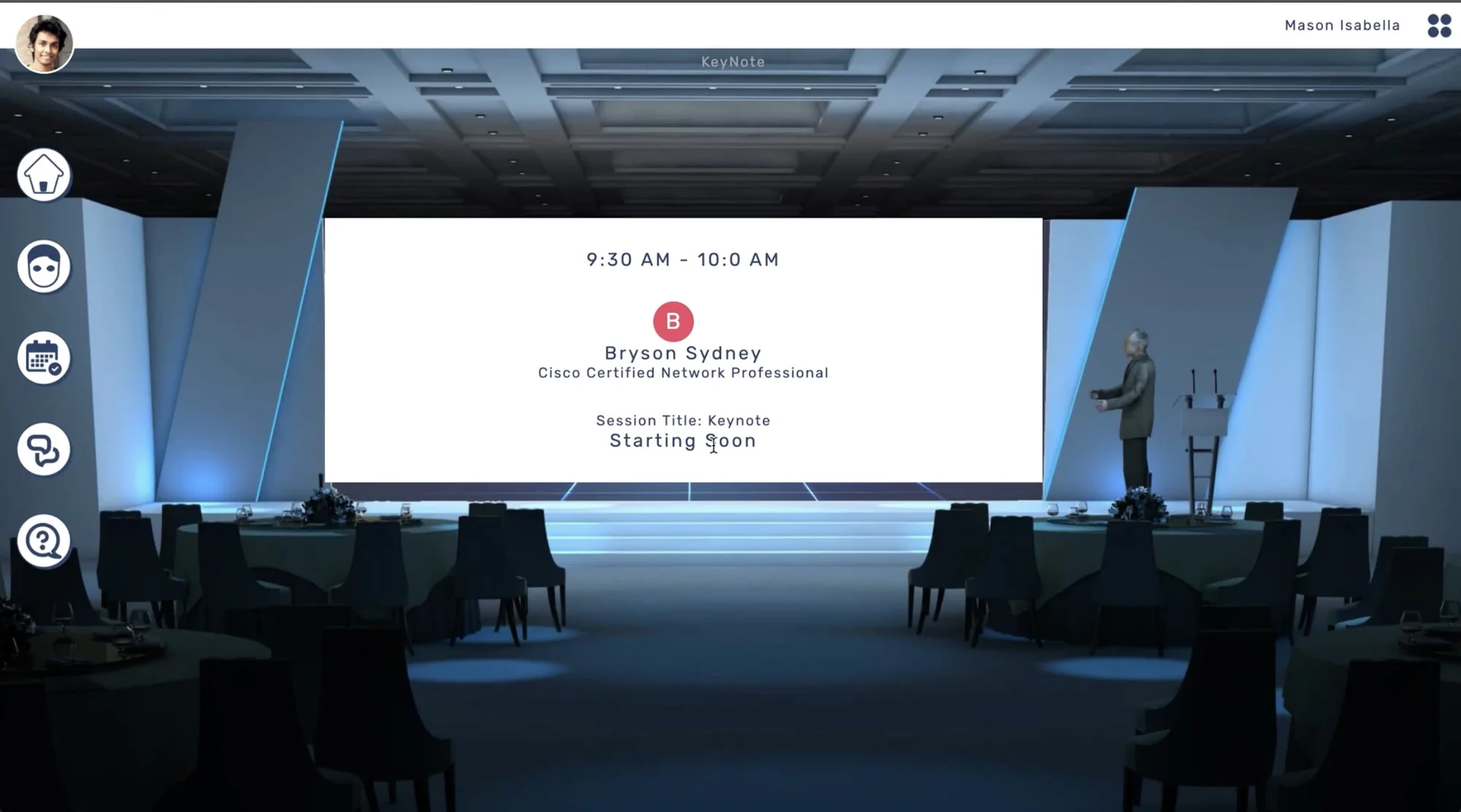 The session schedule in the venue: a keynote listed with its time, speaker and a Starting soon note