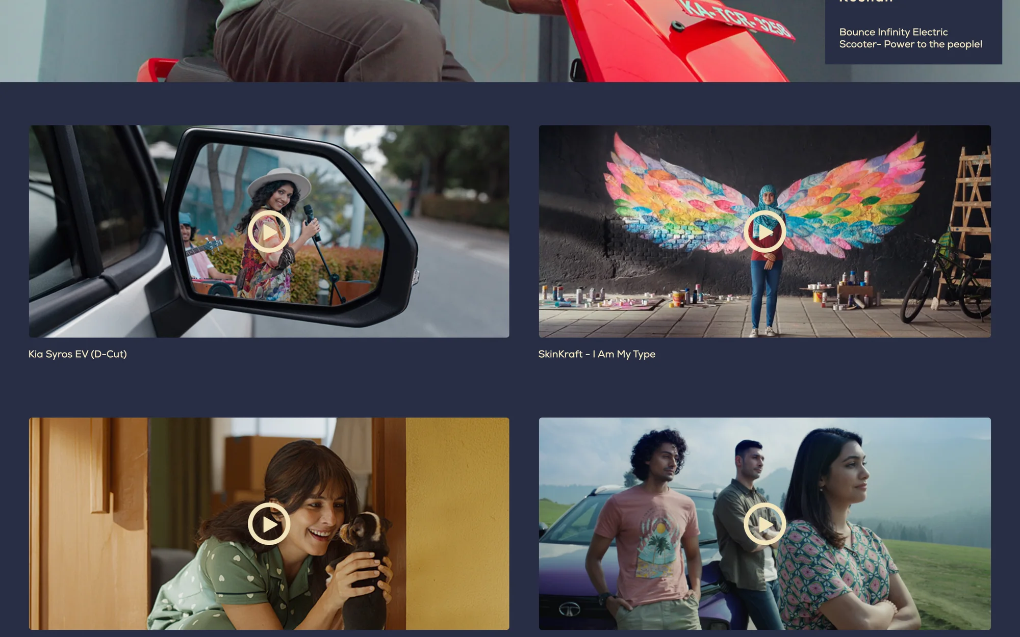 The films grid: stills from Kia Syros EV, SkinKraft, Furlenco and other commercials, each with a play control and title