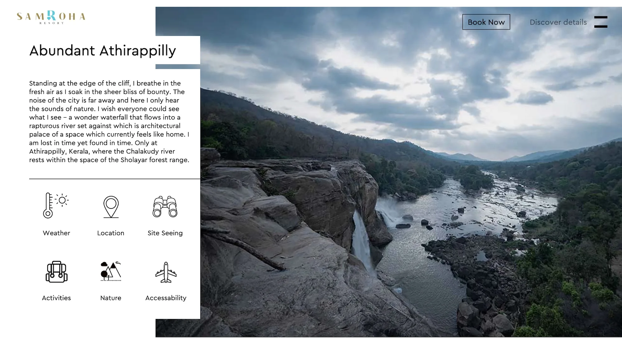 The Abundant Athirappilly section: a white panel of first-person writing about the waterfall and the Sholayar forest, over an aerial photograph of the falls, with icons for weather, location, sightseeing, activities, nature and accessibility