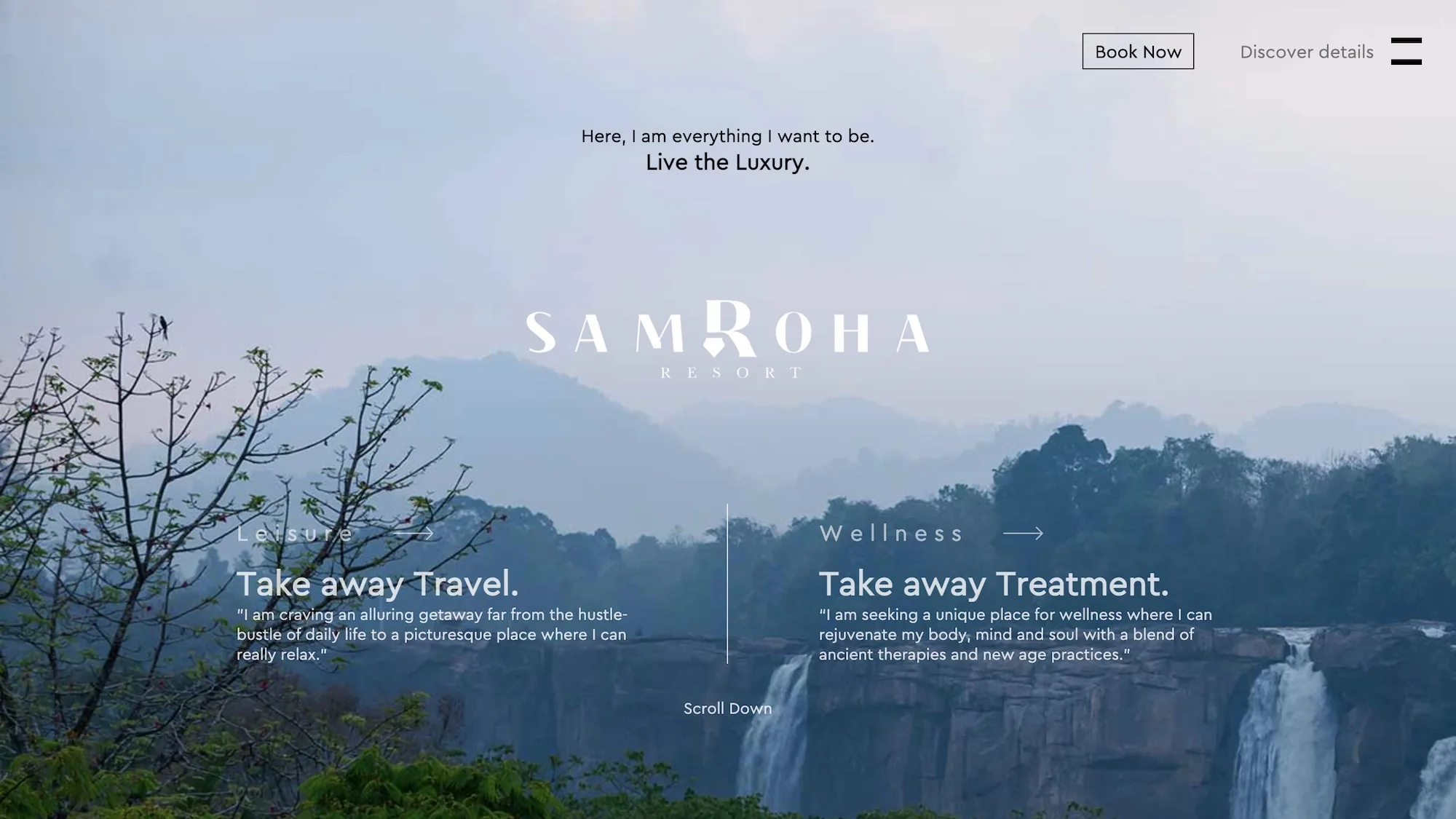 The Samroha homepage: the Athirappilly valley in mist behind the resort wordmark, with two doorways below it, Leisure and Wellness, each opening with a line in the guest's voice