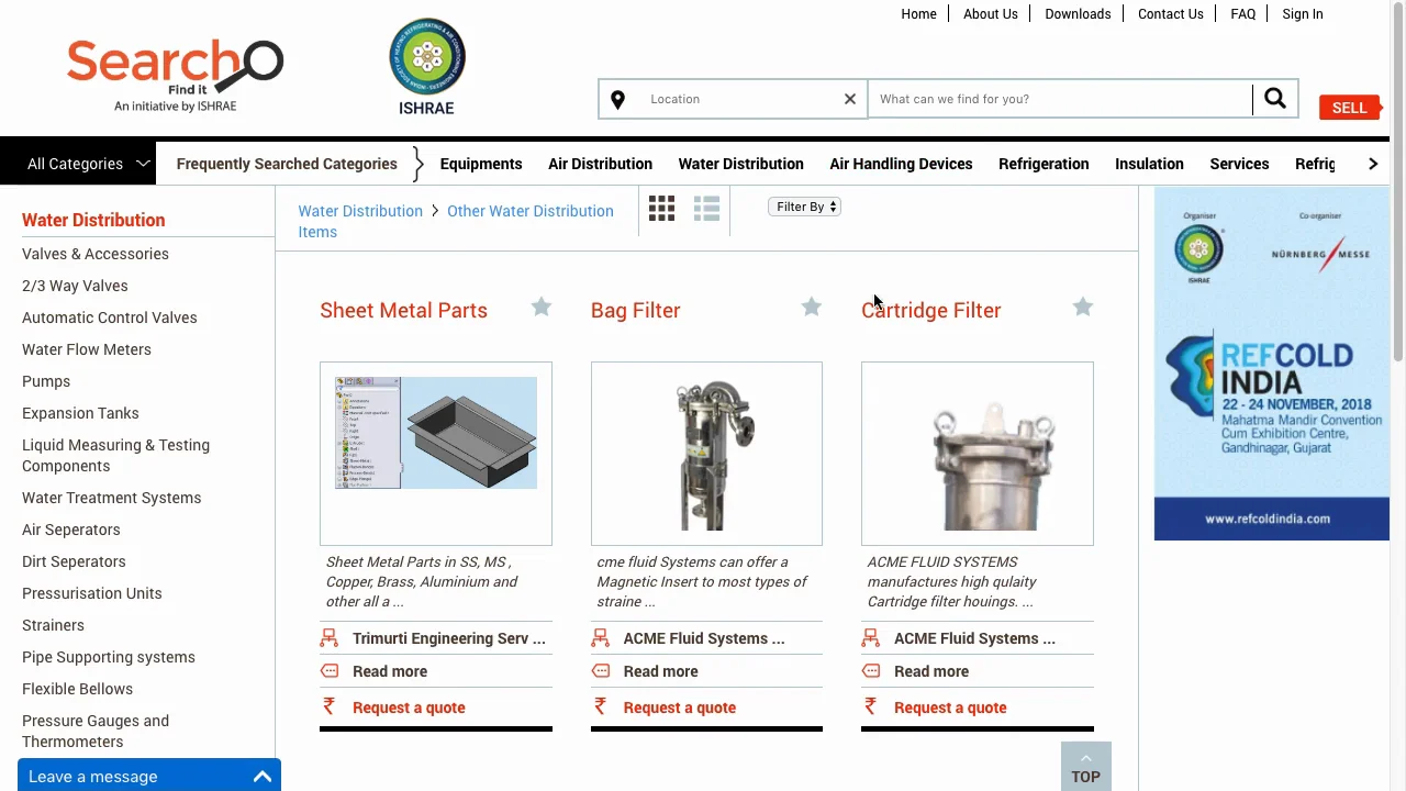 A Searcho category page: the water distribution tree, product cards for sheet metal parts, bag filter and cartridge filter, each with a supplier and a request a quote link