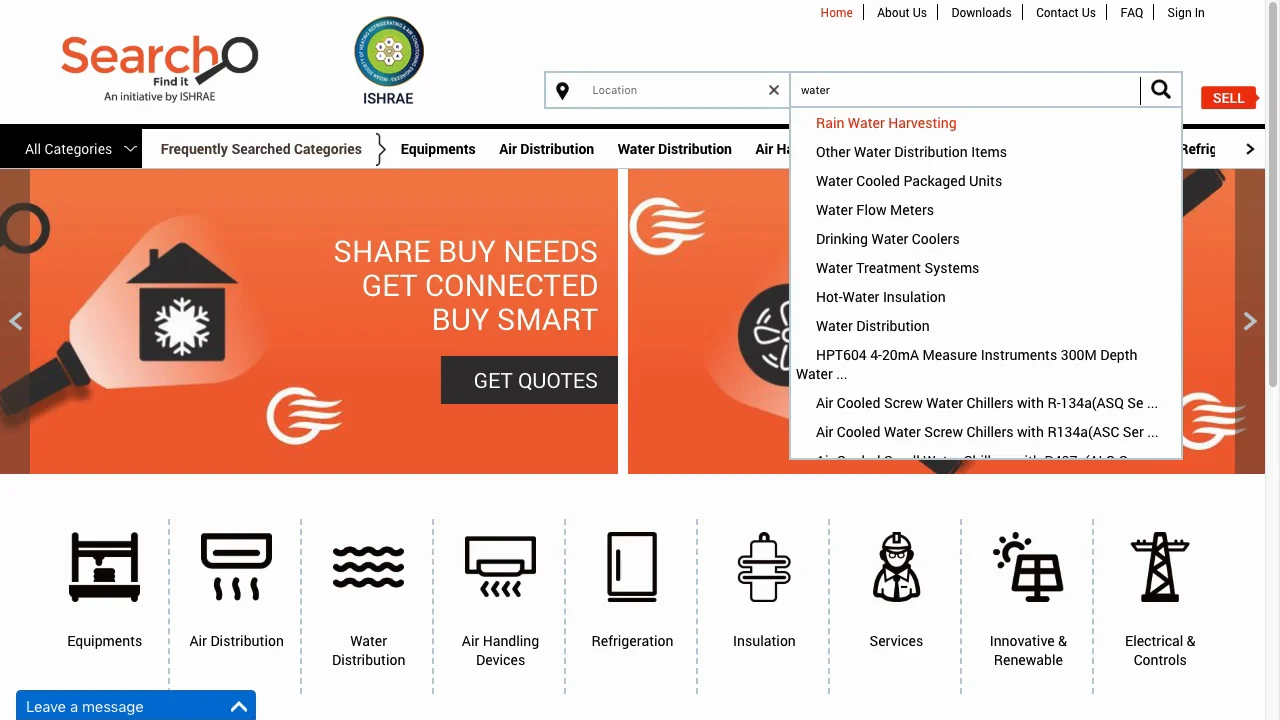 The Searcho homepage with search autocomplete open, listing water distribution products such as water flow meters, chillers and treatment systems