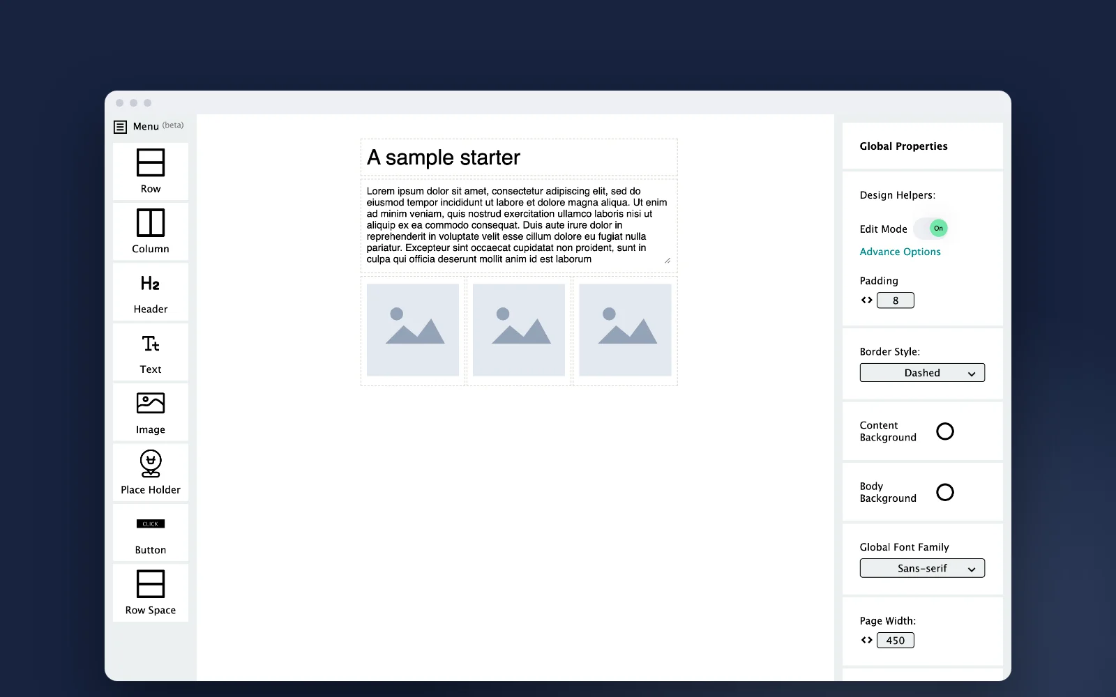 The emailmagic editor: a tool palette of rows, columns, headers, text, images and buttons, a starter email on the canvas, and the properties panel