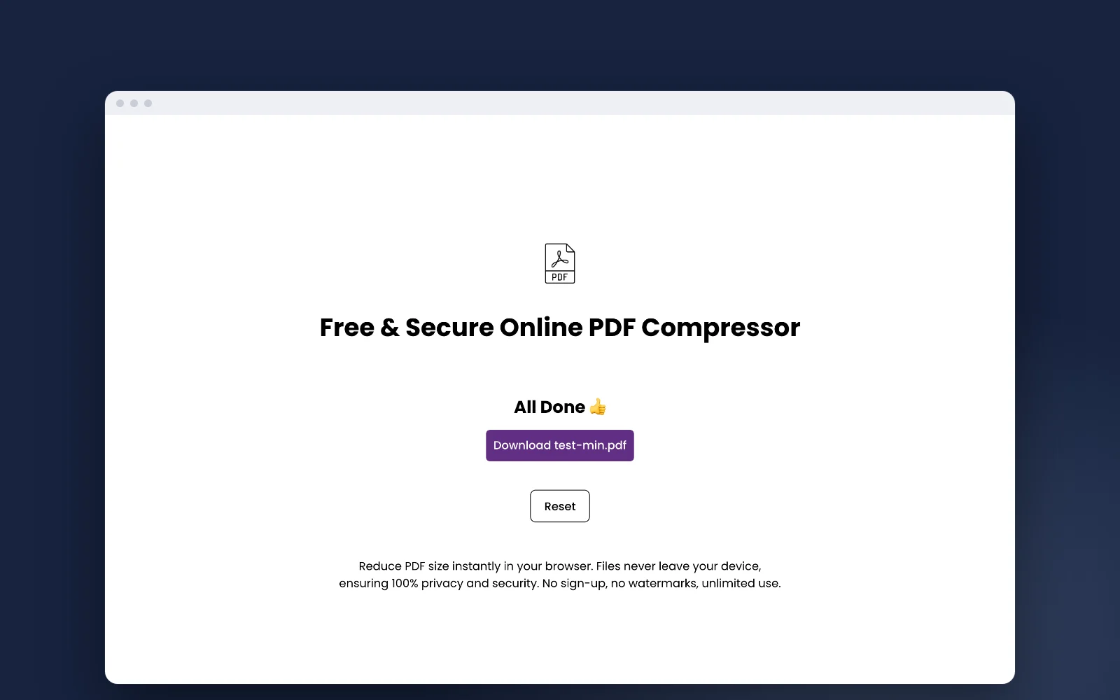 The PDF Compressor after a run: All done, with a button to download the smaller PDF