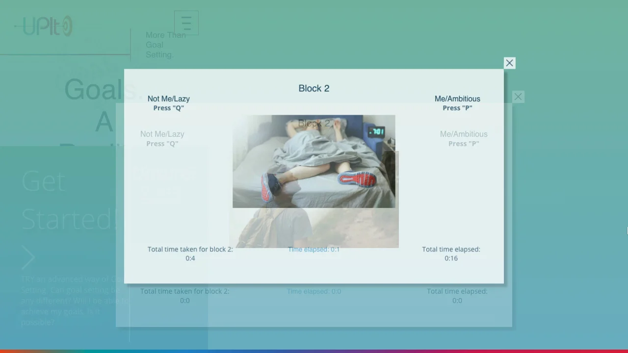 The Upit assessment: an image shown between Not Me / Lazy and Me / Ambitious, with timers recording how long each choice takes
