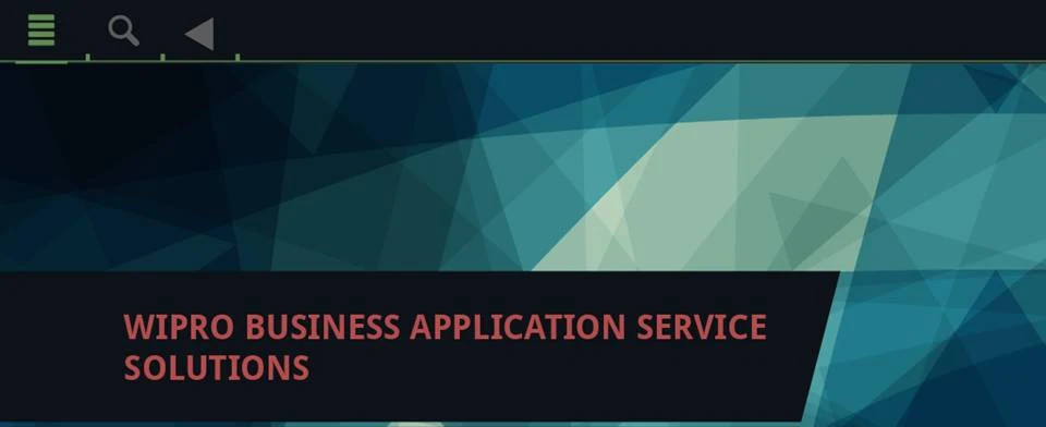 The BAS app on iPad: the Wipro Business Application Service Solutions section, with a faceted teal artwork header and menu and search controls