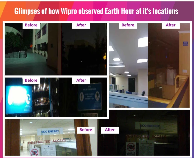 Before and after photos of Wipro offices, corridors and signage with lights on and then switched off for Earth Hour