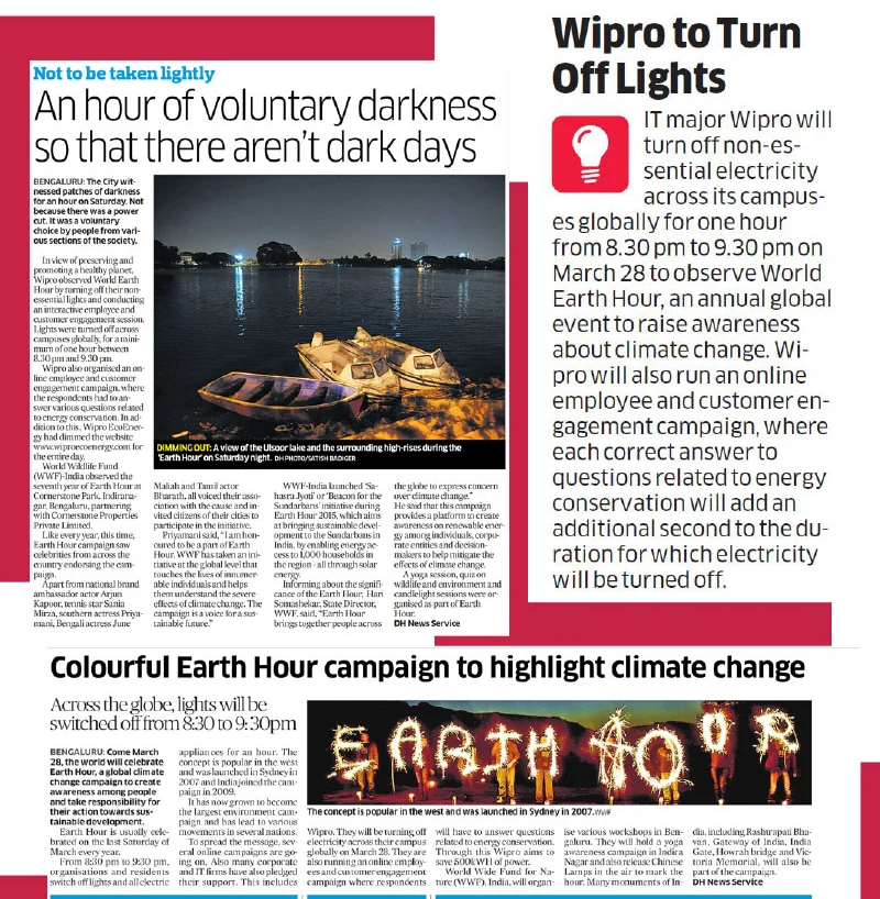Deccan Herald clippings: An hour of voluntary darkness so that there aren't dark days; Wipro to Turn Off Lights; Colourful Earth Hour campaign to highlight climate change