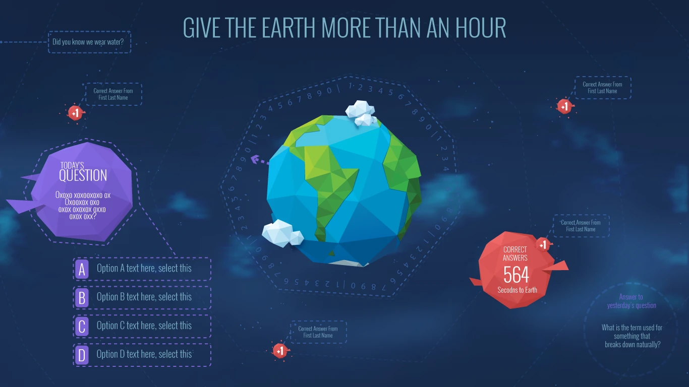 The challenge site, Give the Earth more than an hour: a low-poly globe on a night sky, with today's question, answer options, +1 markers and a live correct-answers counter
