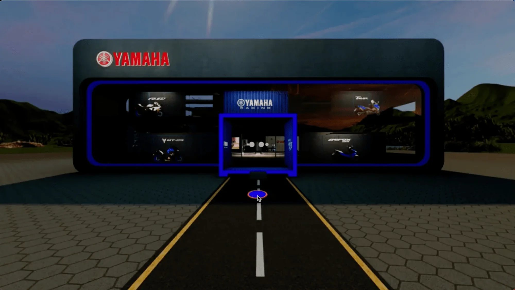 The virtual Yamaha showroom: a glass-fronted building with a blue-lit entrance at the end of a road, motorcycles displayed in its windows